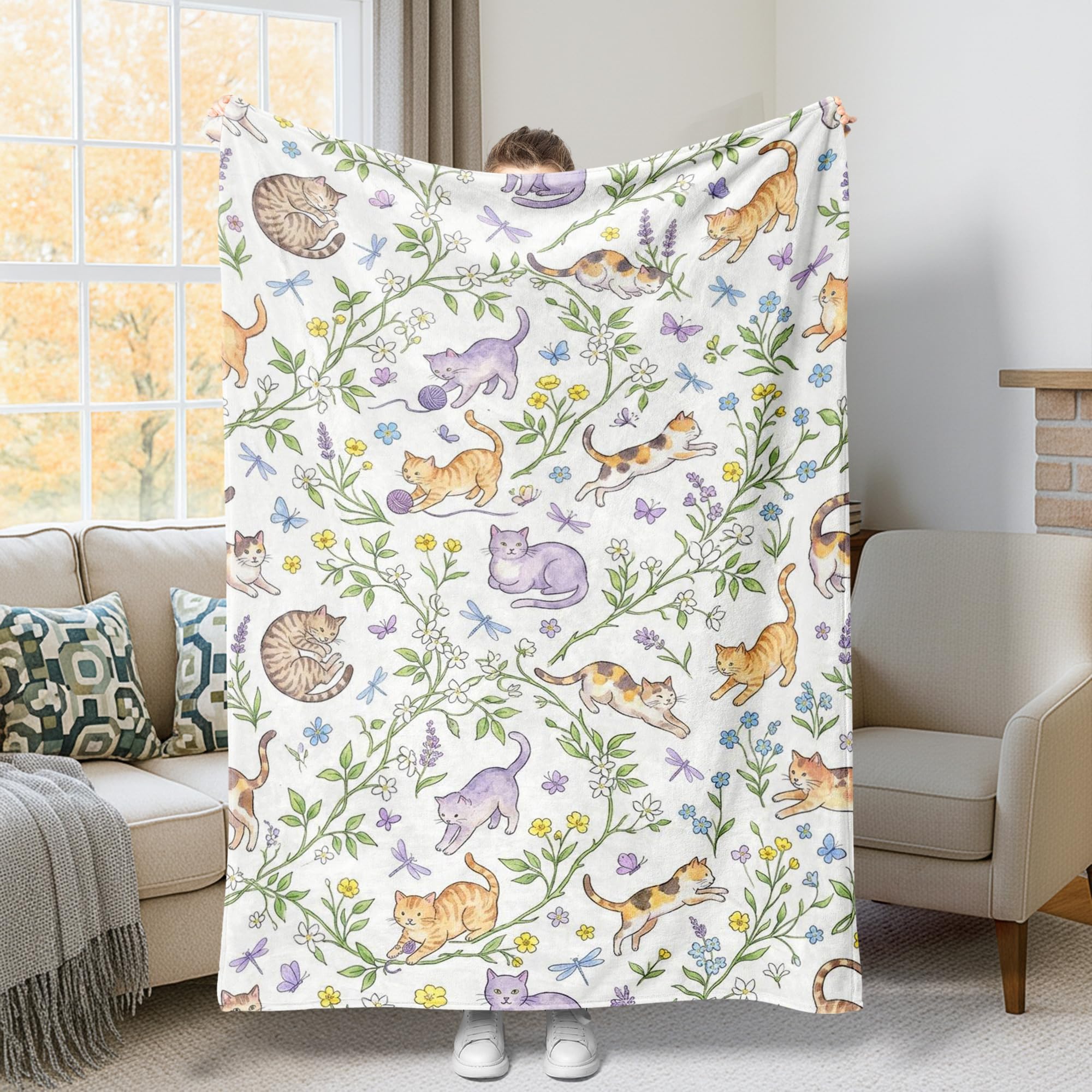 Jeté de lit chats et papillons 127x152 cm - Couverture pelucheuse légère pour canapé
