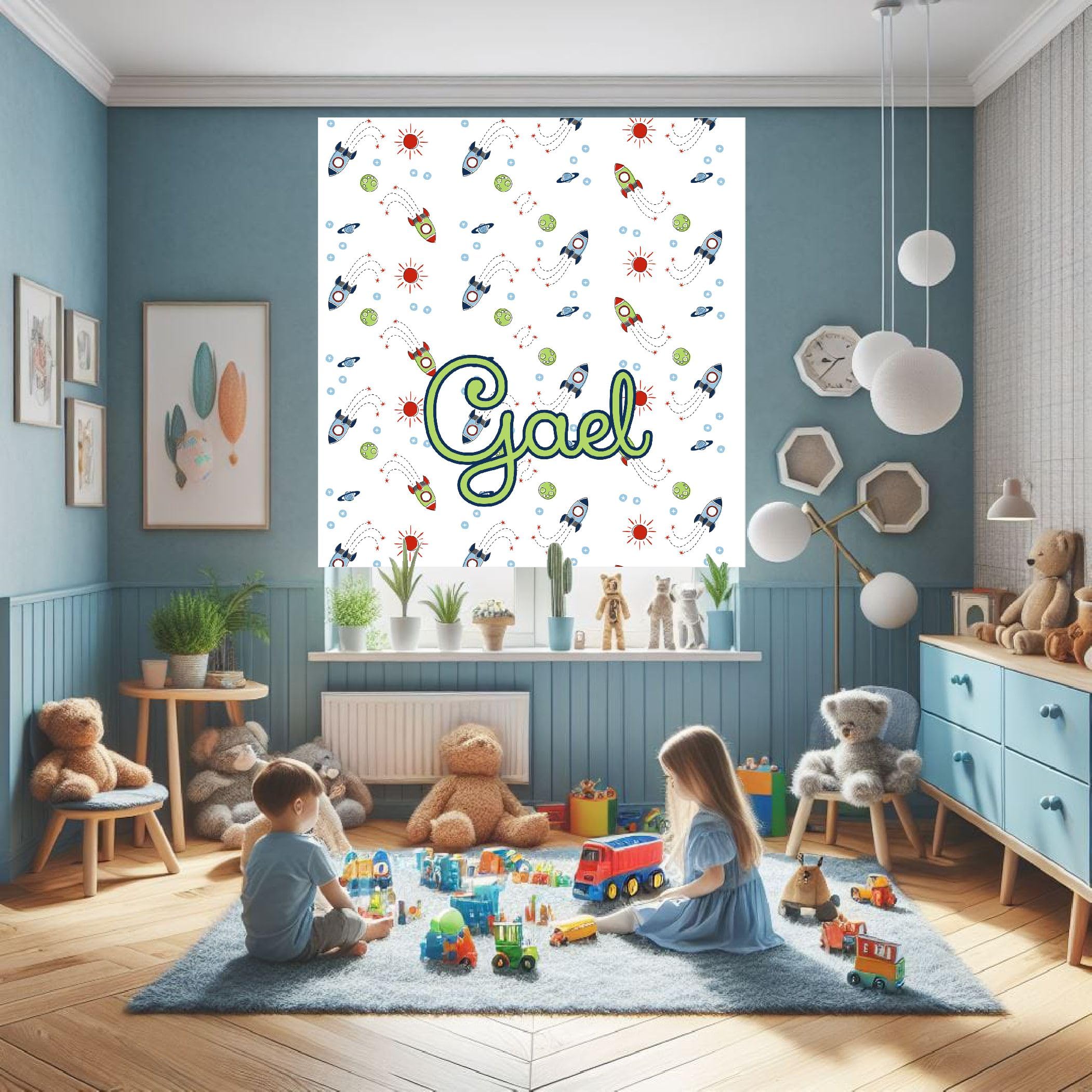 Estor Infantil Personalizado con Nombre - Diseño Cohetes Espaciales para Niños - Cortina Enrollable Translúcida Hecha en España (40x60)