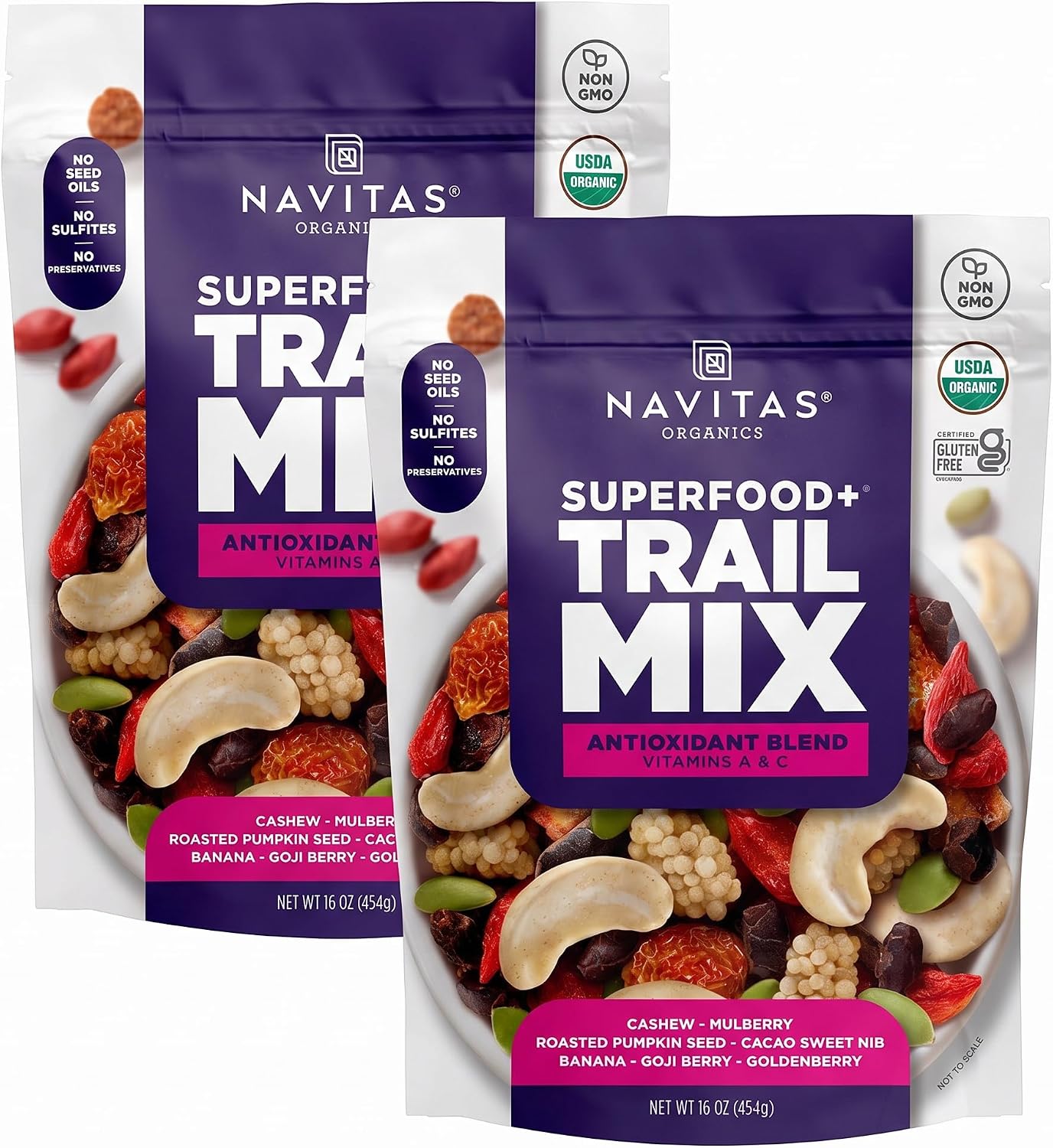 Navitas Organics Trail Mix Antioxidant Blend – Superfood Trail Mix – Antioxidant Rich Snacks – Fiber & Minerals – No Seed Oils – USDA Organic, Non GMO, Gluten Free, Vegan (16oz. Bag, 15 Servings)