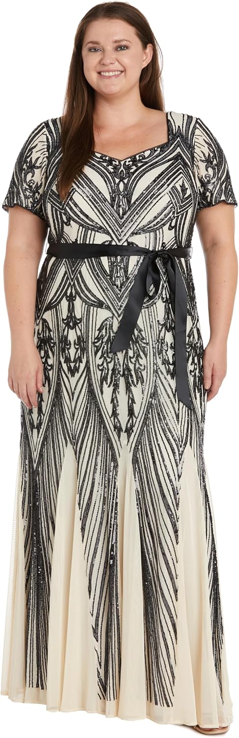 R&M Richards Womens Sequined Belted Evening Dress