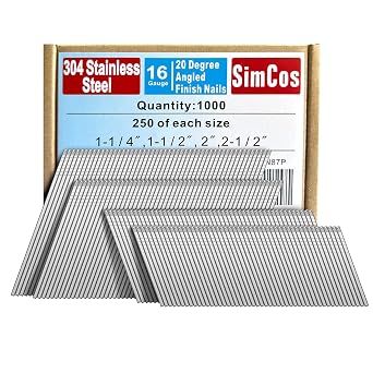 16 Gauge Angled Finish Nails 304 Stainless Steel,1-1/4", 1-1/2", 2", 2-1/2", 20-Degree,Assorted Size Project Pack for Pneumatic, Electric Finish Nailer or Nail Gun Assembly 1000