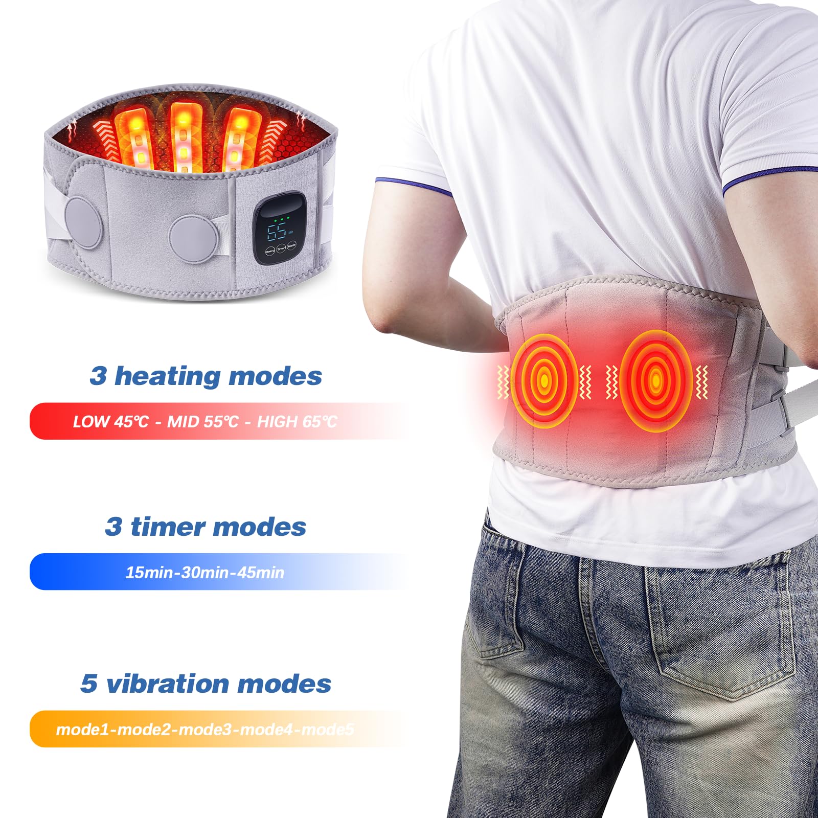 Clemas Coussin Chauffant Sans Fil avec Massager, Chauffe-Dos Portable, Massager Lombaire avec 3 Niveaux de Chauffage, Ceinture Chauffante