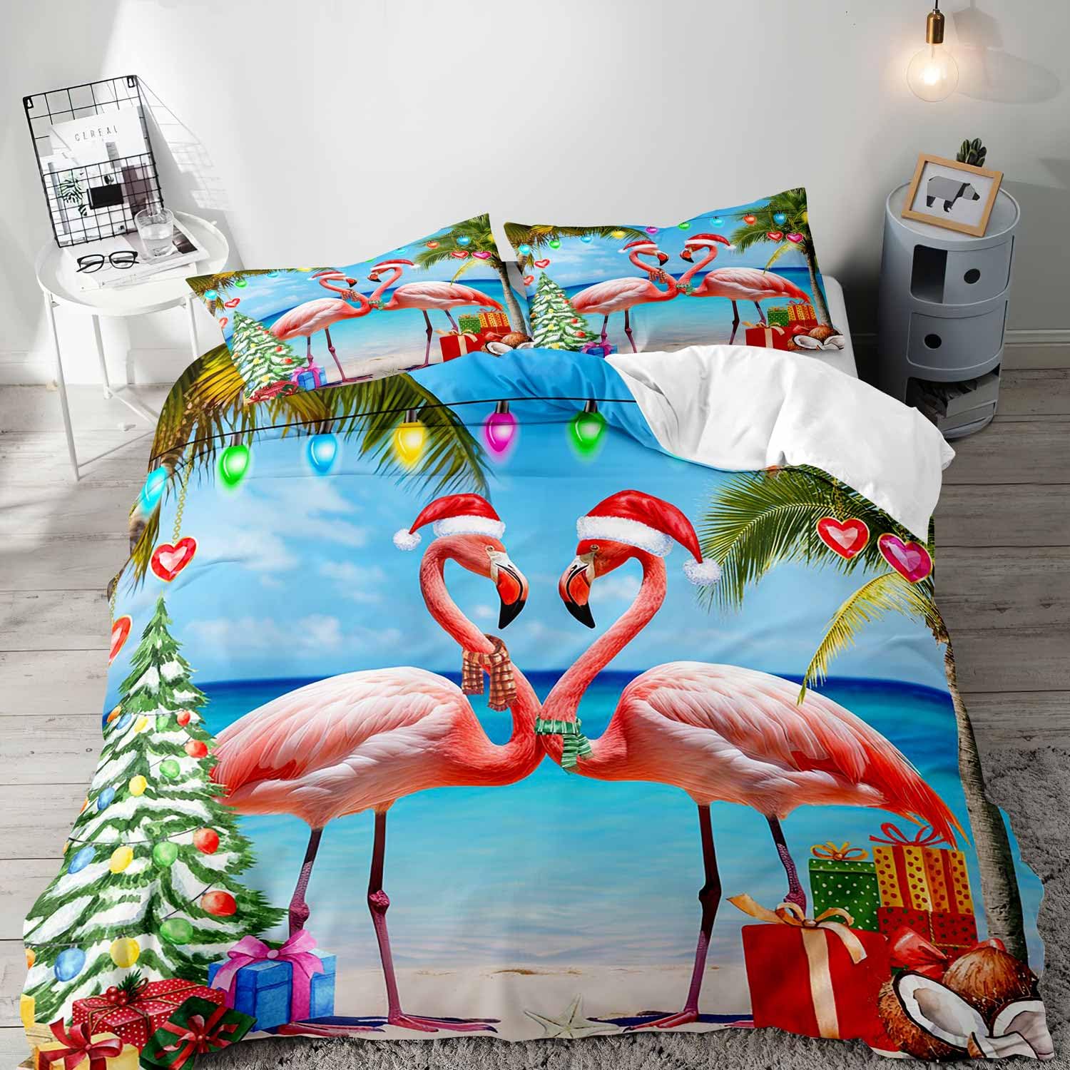 LUVIVIHOME 3PCS Pink Christmas Flamingo Duvet Cover King Bedding Set, Kids Bedding, Ocean Beach Coastal Coconut Palm Tree Christmas Tree Winter Holiday Xmas Gifts Blue Comforter Cover, 2 Pillow Cases