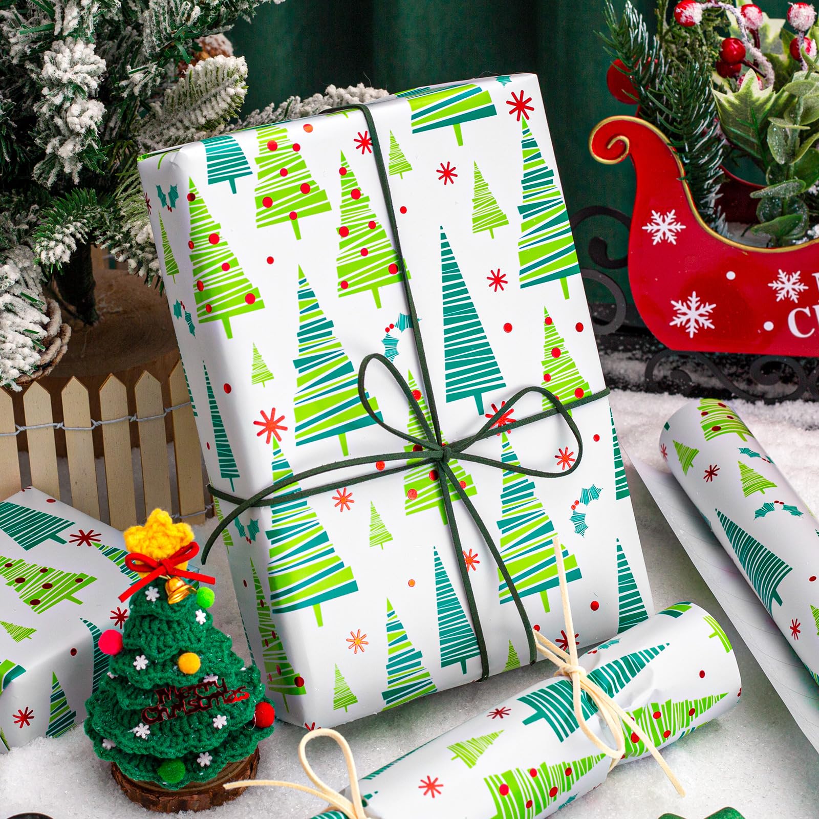 Yarcony Weihnachts-Geschenkpapierrolle – 43 cm x 10 m – modernes grünes Weihnachtsbaum-Geschenkpapier mit minimalistischem Design, Metallfolie, Geschenkpapier für Weihnachten, Party, Geburtstag