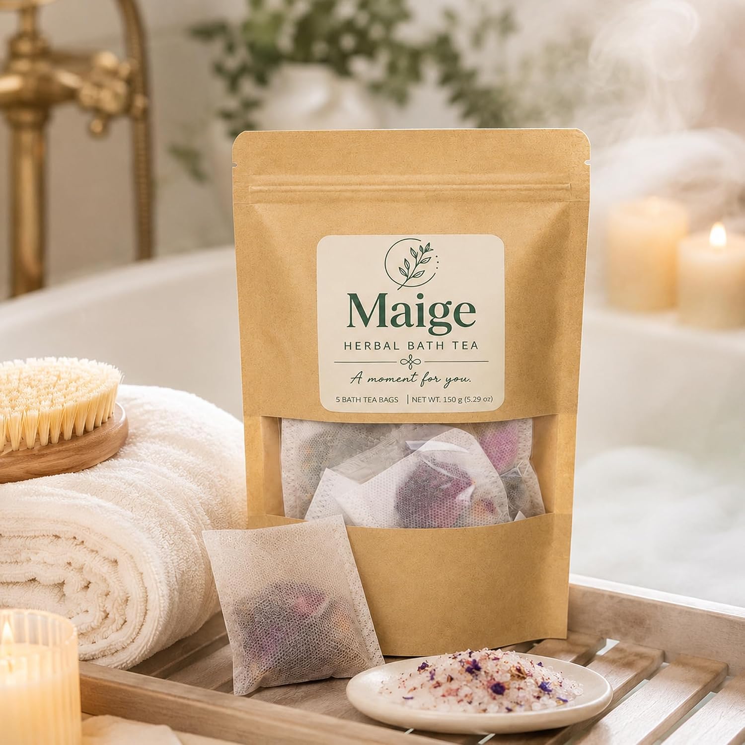 Maige Botanical Bath Tea Bags with Himalayan Salt Blend, Chamomile, Lavender, Rose & Calendula, 5 Count