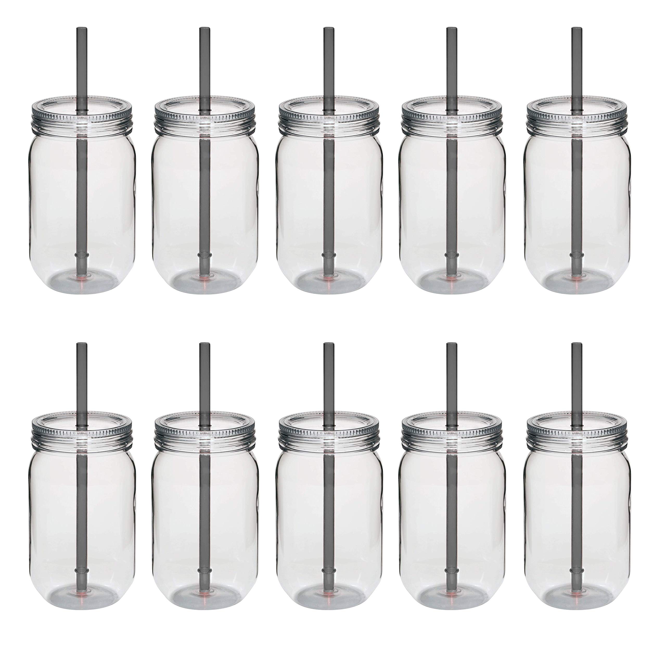 DISCOUNT PROMOS Plastic Mason Jars with Straw Set 24 oz. Set of 10, Bulk Pack - Jars for Overnight Oats, Candies, Fruits, Pickles, Spices, Beverages -