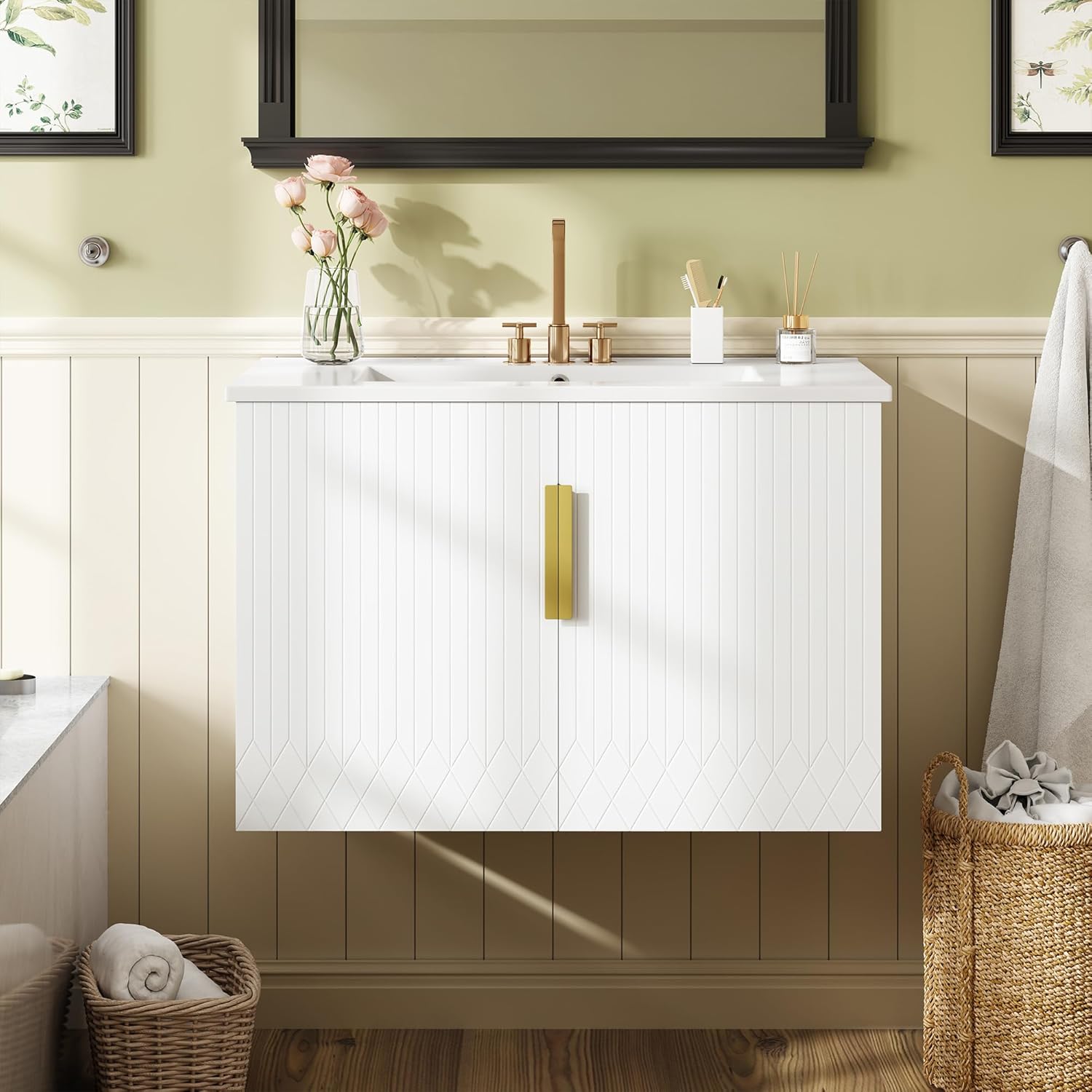 Polibi 30 inch Bathroom Vanity with 3 Holes Single Ceramic Sink & Solid Wood Cabinet,Wall-Mount Vintage Design Vanity with 2 Soft-Closing Doors and Adjustable Shelf,White