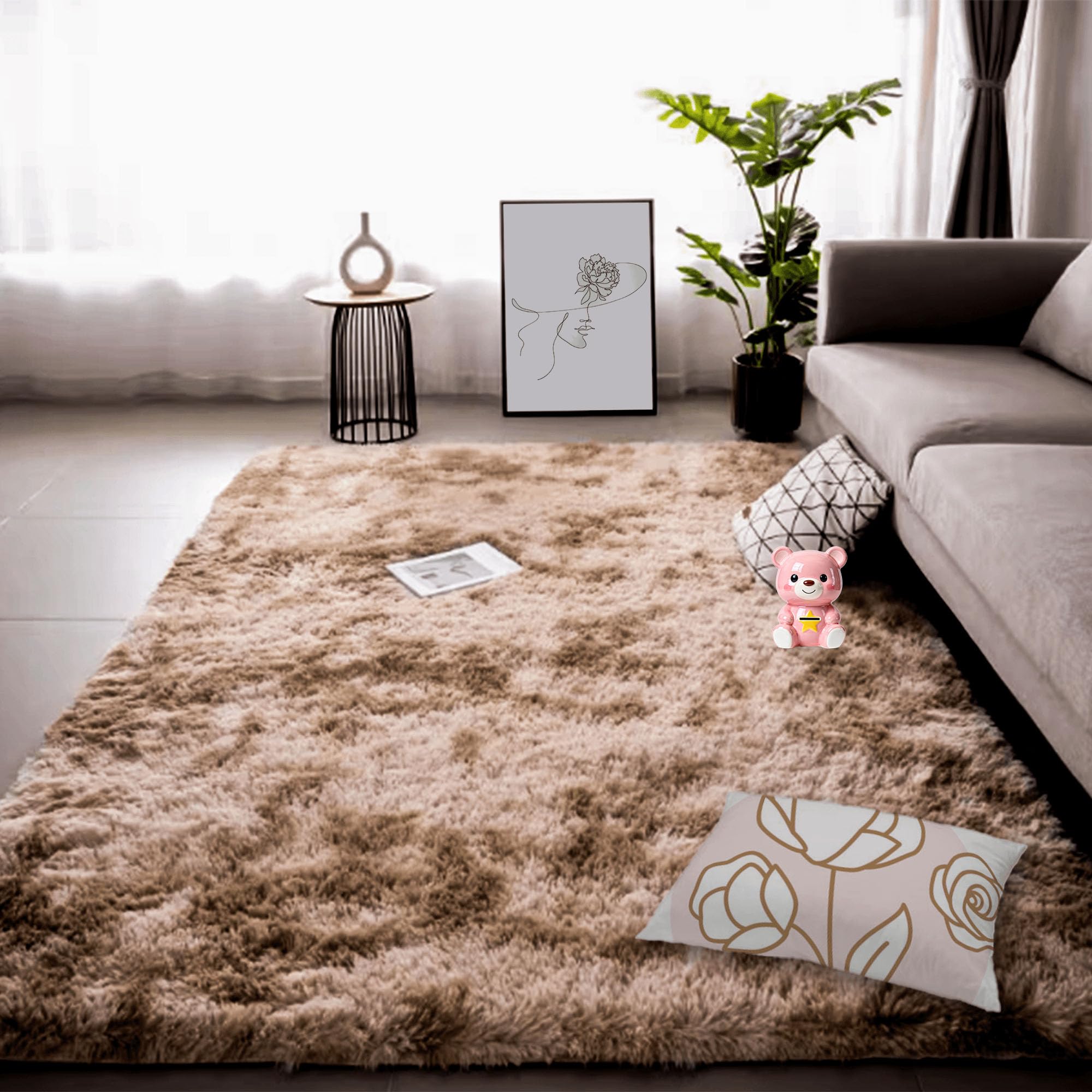 Tapis de sol poil long doux marron 130x150 cm pour décoration de salon moderne