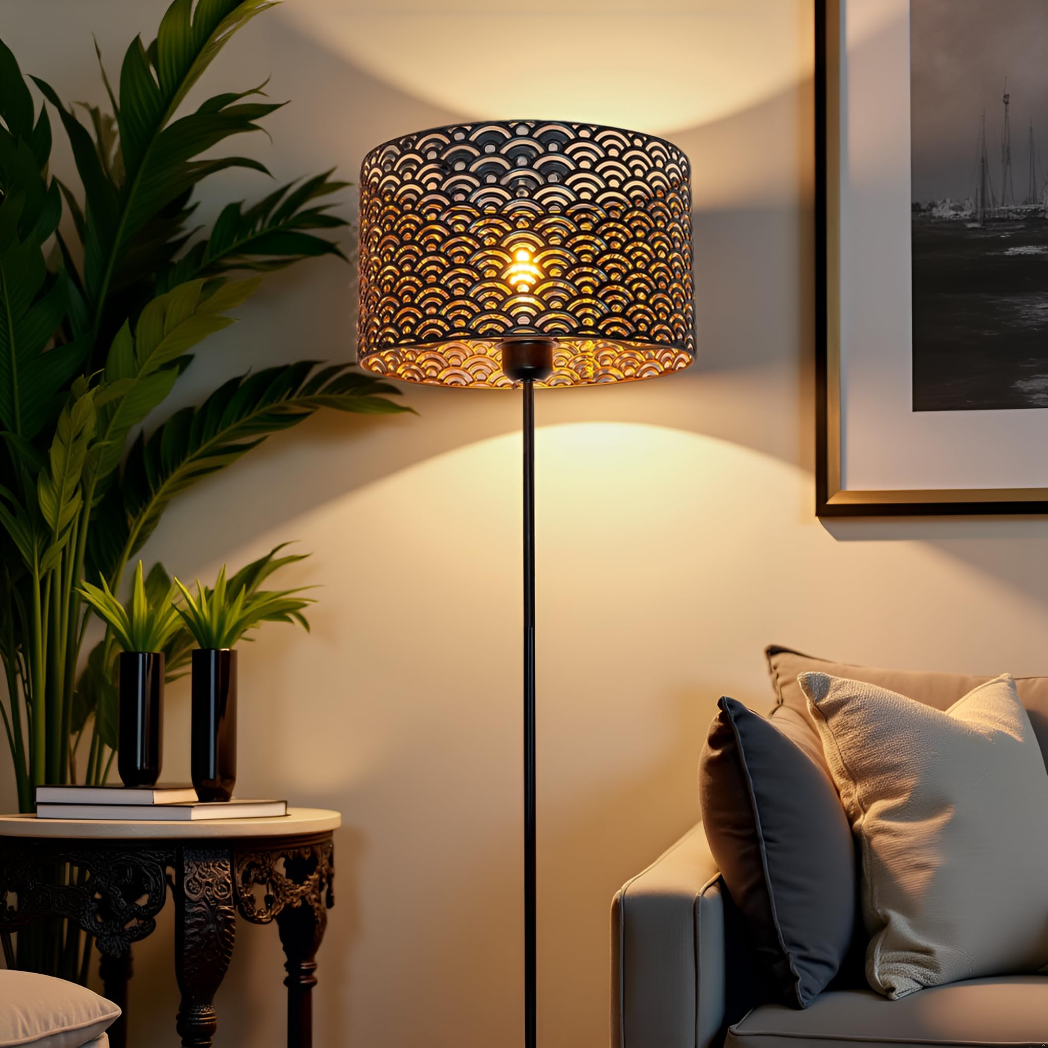 Paralume vintage in metallo, nero oro, intagliato/Rotondo, a tamburo, per lampada da terra, lampada a sospensione, lampada da tavolo, lampada da soffitto