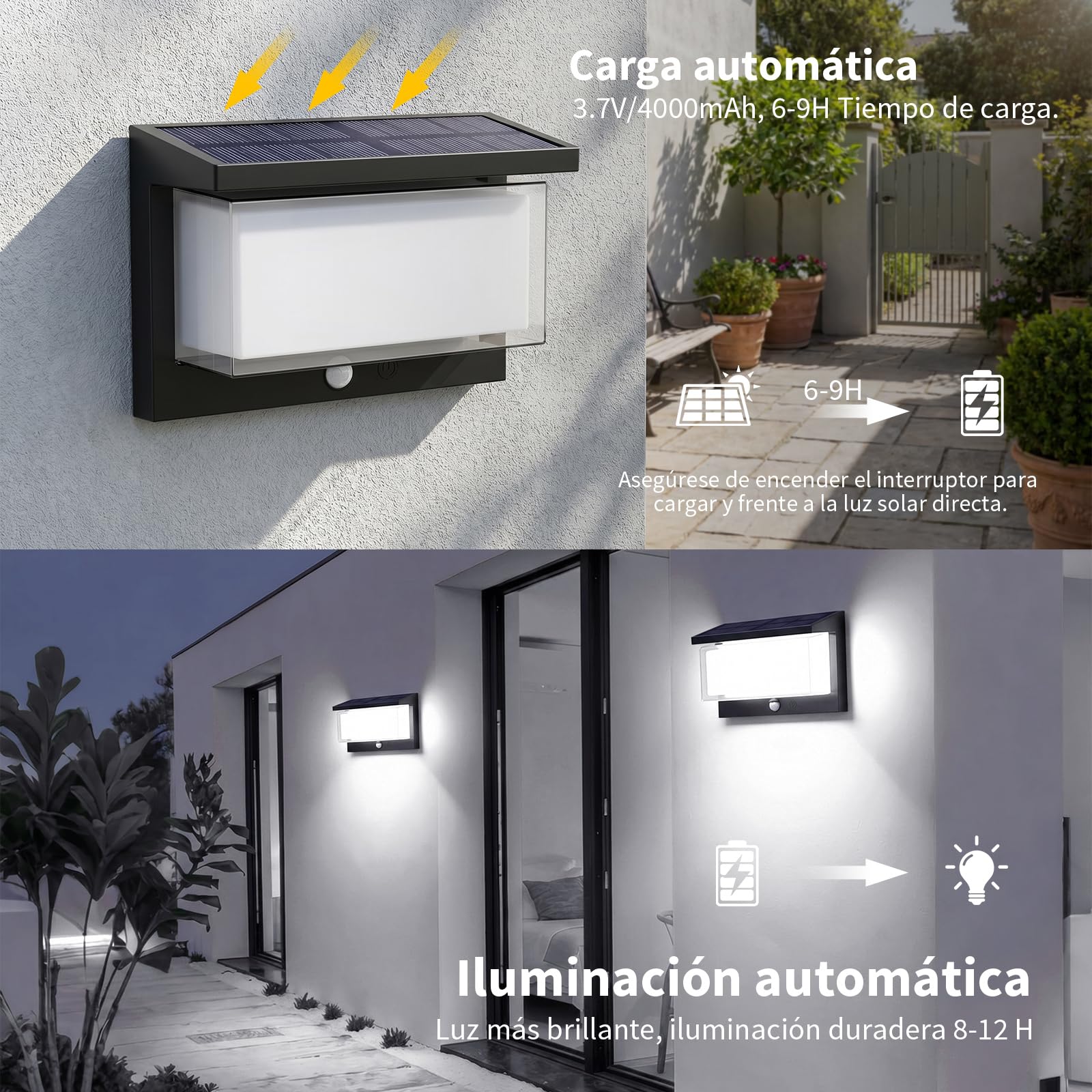 Lámpara Solar Exterior con Sensor de Movimiento,2 Piezas Aplique Solar Exterior IP65 6500K Blanco Frío Encendido/Apagado Automático, LED Impermeable para Jardín Pared Valla