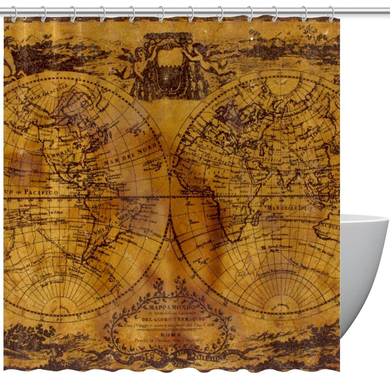 Rideau de douche vintage avec 12 crochets inclus et imprimé cartographie ancienne