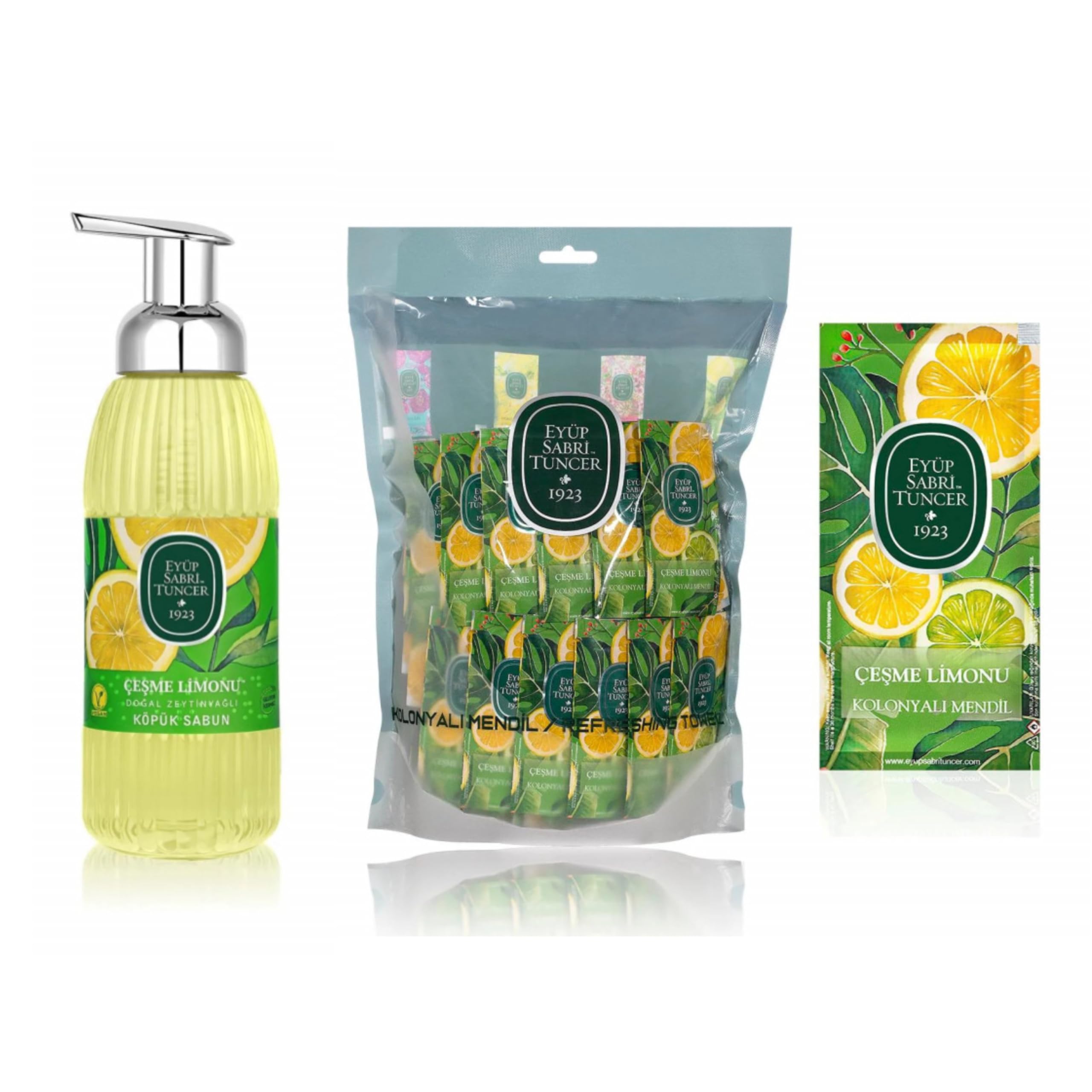 EYÜP SABRİ TUNCER Zestaw do pielęgnacji rąk Çeşme Lemon – oliwa z oliwek mydło piankowe 500 ml + chusteczki odświeżające 150 sztuk – turecki zestaw do higieny rąk o zapachu cytrynowym zapewnia