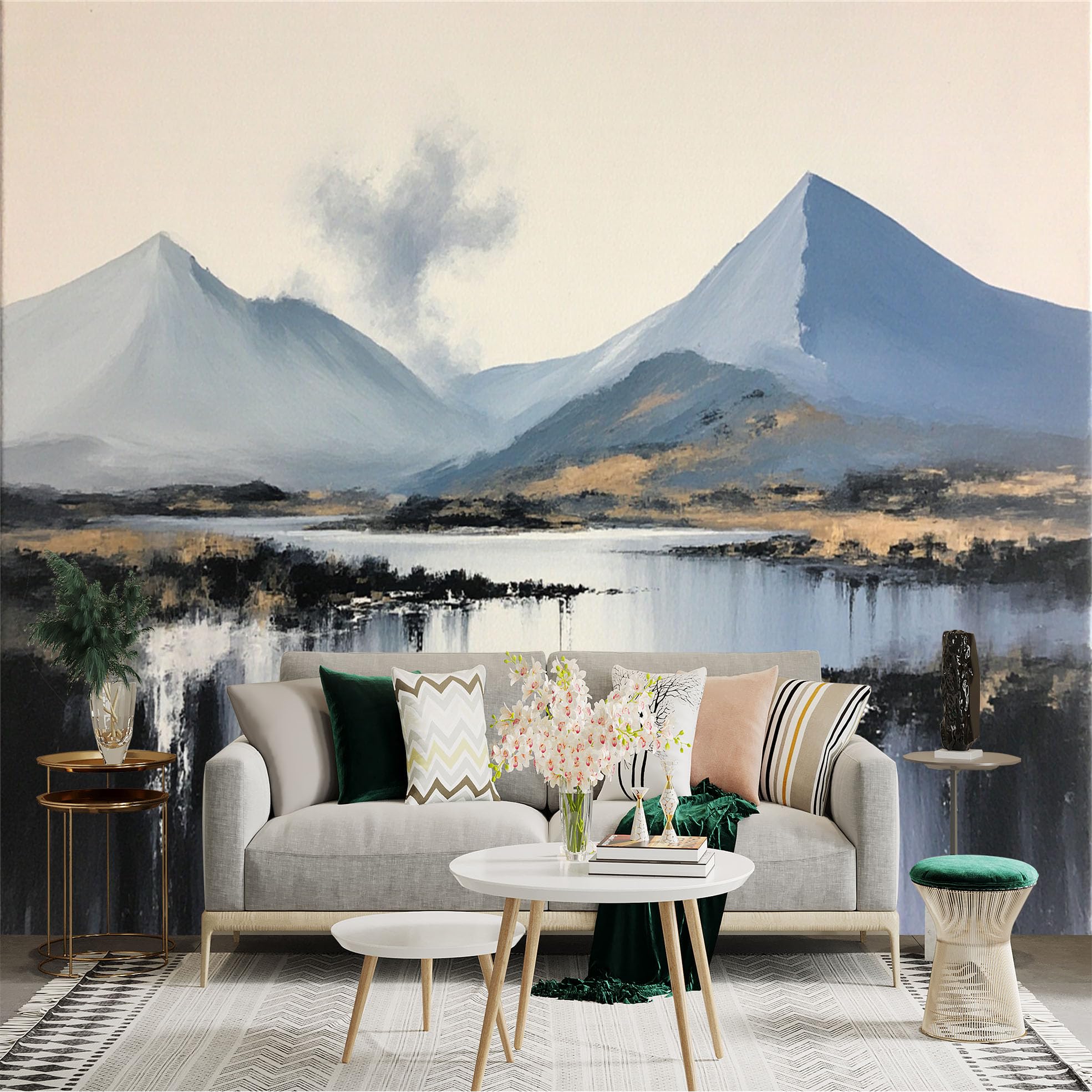 Custom Size Wall Sticker Mural， Abstract Mountain Landscape with Lake and Misty Hills， for wall Decoration， peelandstick wall Decals.
