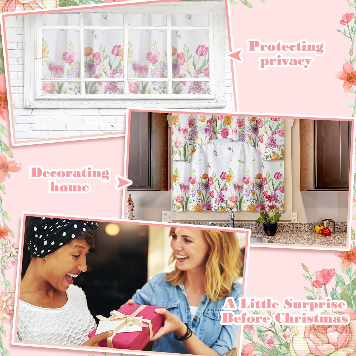 Ganeen 3 Pcs Kitchen Curtain Set for Window 30‘'x 36‘' Tulip Flower Cafe Curtains with Valance Pink Decoration for Bathroom Farmhouse Door Kitchen Window Gift