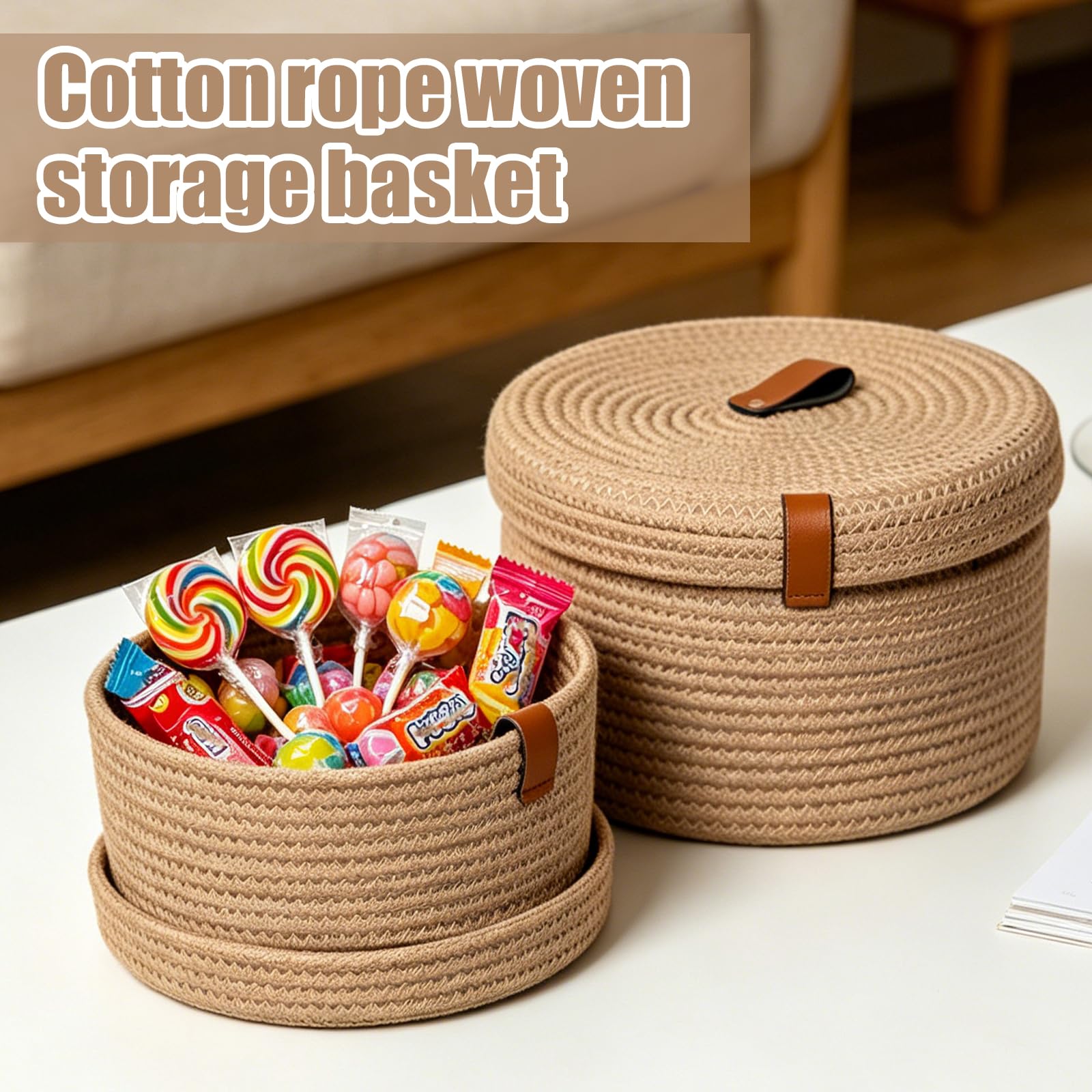 2 cestas de almacenamiento con tapa, cestas de cuerda de algodón con tapa, cesta trenzada lavable, cesta de almacenamiento multifuncional para salón, baño, oficina, decoración