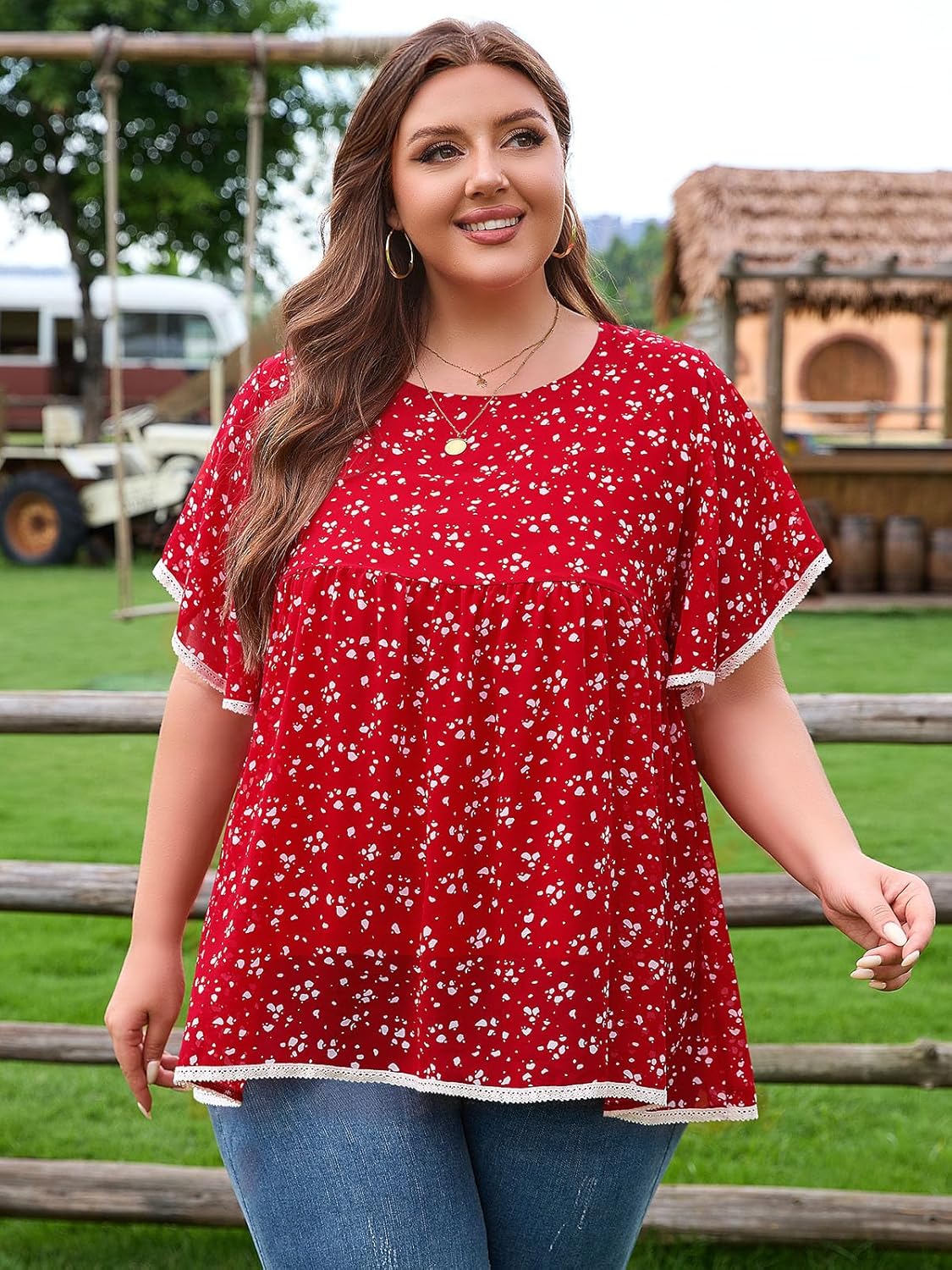 Siddhe Womens Plus Size Tops Ruffle Sleeve Lace Peasant Blouse Chiffon Floral Boho Beach Vacation Holiday Tunic Tops - Image 2