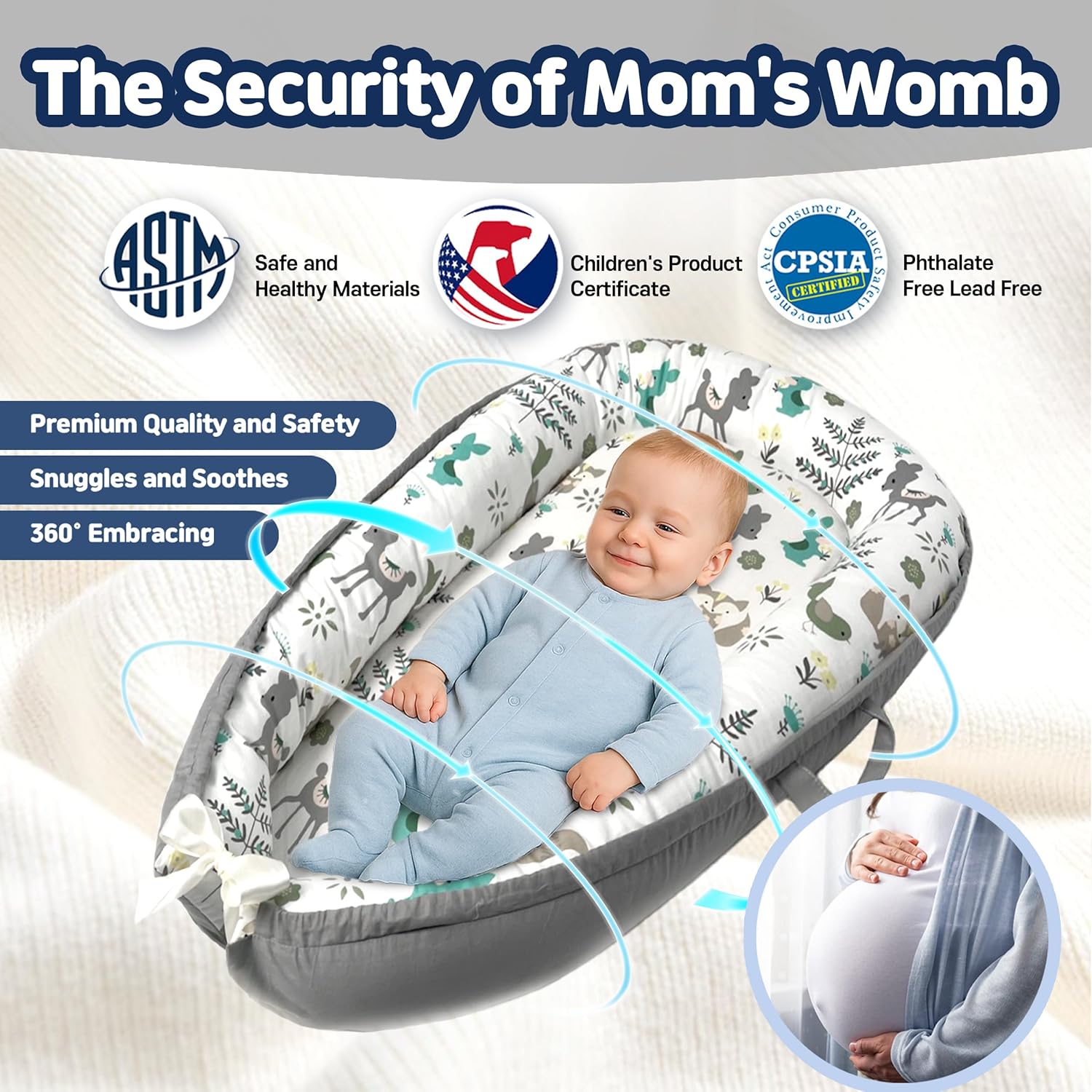 Baby Lounger for Newborn 0–24 Months, Baby Pillow & Baby Nest Lounger, Organic Cotton Breathable Infant Pillow, Portable Baby Nest for Home & Travel (Light Grey)