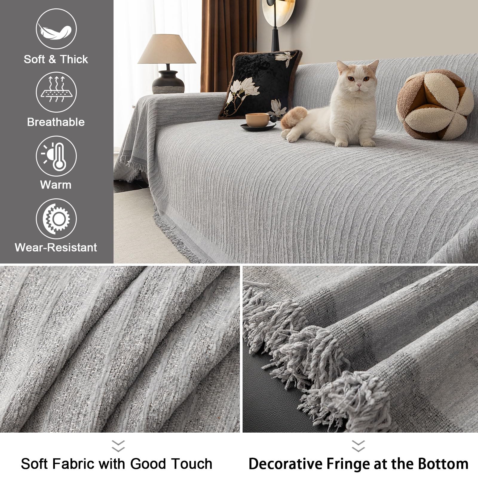 LiveGo Chenille Sofa Cover for 3 Seater, Soft Non-Slip Slipcover with Tassel - Image 3