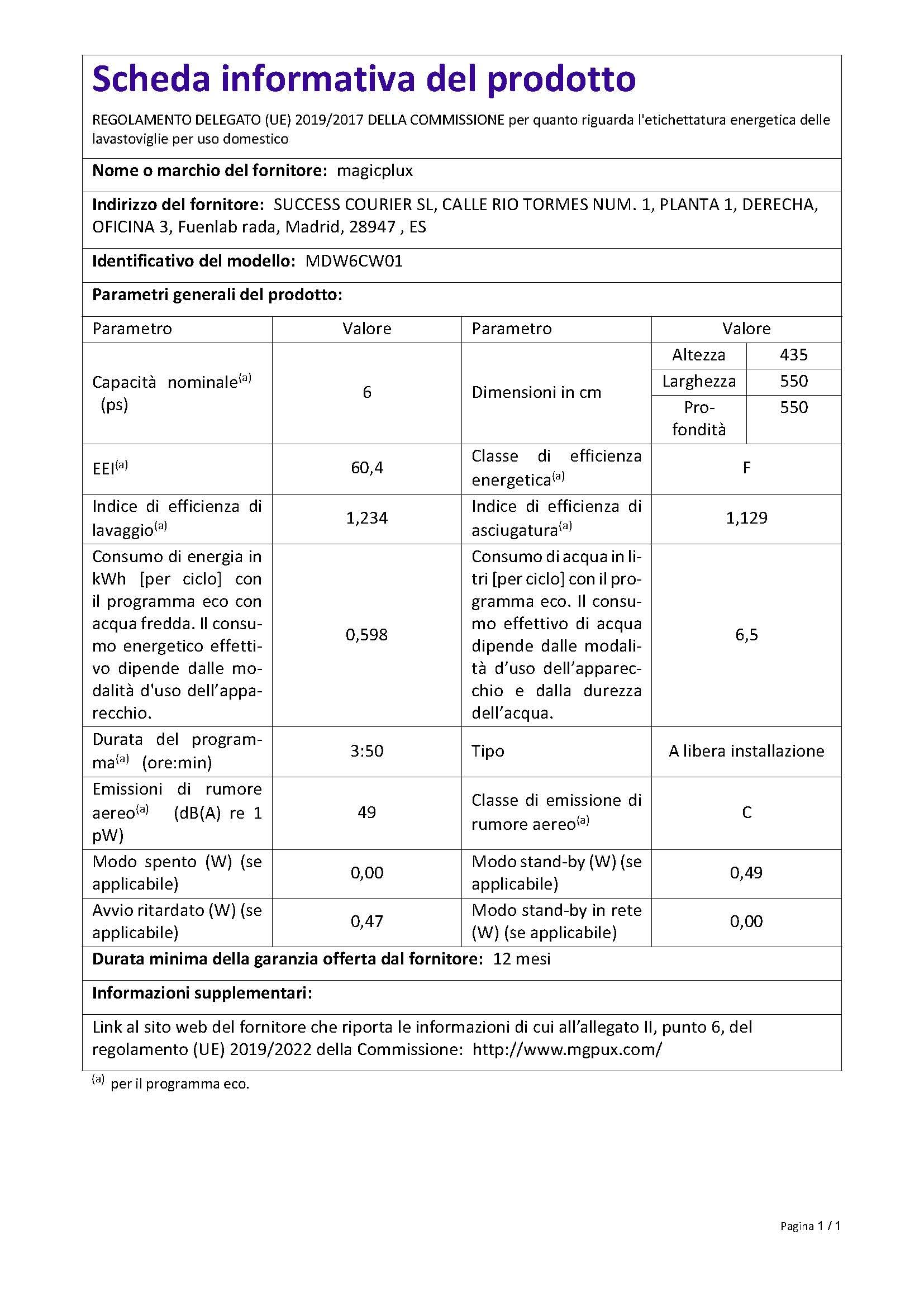 magicplux Mini lavastoviglie 55 cm per 6 coperti, 7+1 programmi, selezione tempo, funzione autopulizia, per piccoli appartamenti, mini lavastoviglie portatile con attacco idrico, bianco