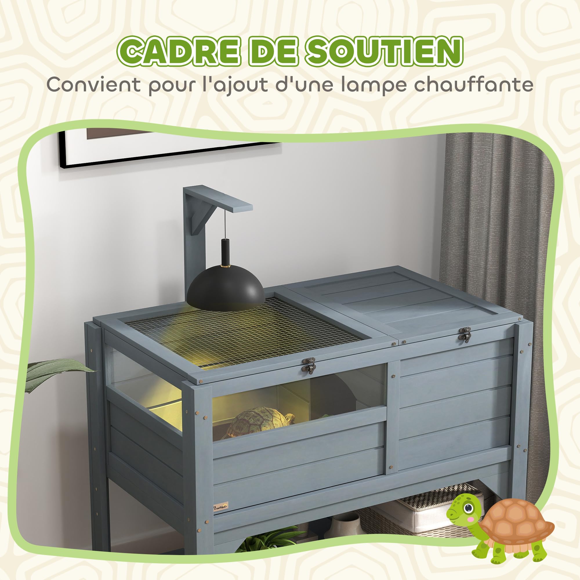 PawHut Recinto per Tartarughe su Gambe con Ripiano Portaoggetti in Legno d'Abete per Interno ed Esterno, Dimensioni 103H x 84L x 51W cm, Grigio