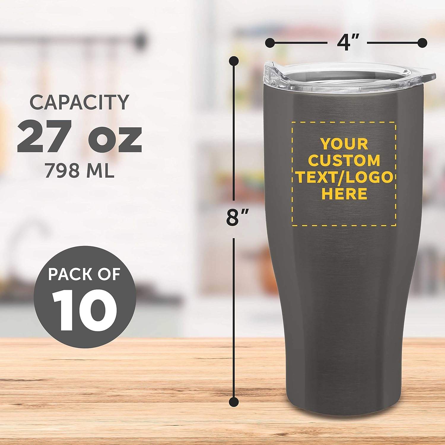 Custom Stainless Steel Grip Travel Mugs 27 oz. Set of 10, Personalized Bulk Pack - Perfect for Coffee, Soda, Other Hot & Cold Beverages - Smoke - Image 5