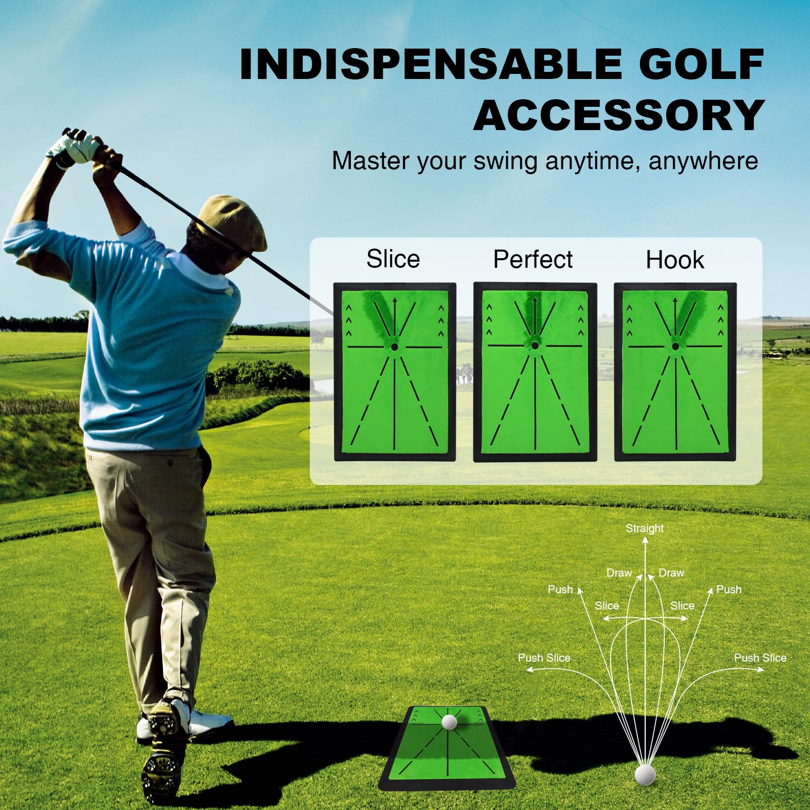 Tappetino da golf 3 in 1 con 3 superfici intercambiabili – Feedback immediato sulla traiettoria dello swing – Base in gomma antiscivolo – Per interni ed esterni