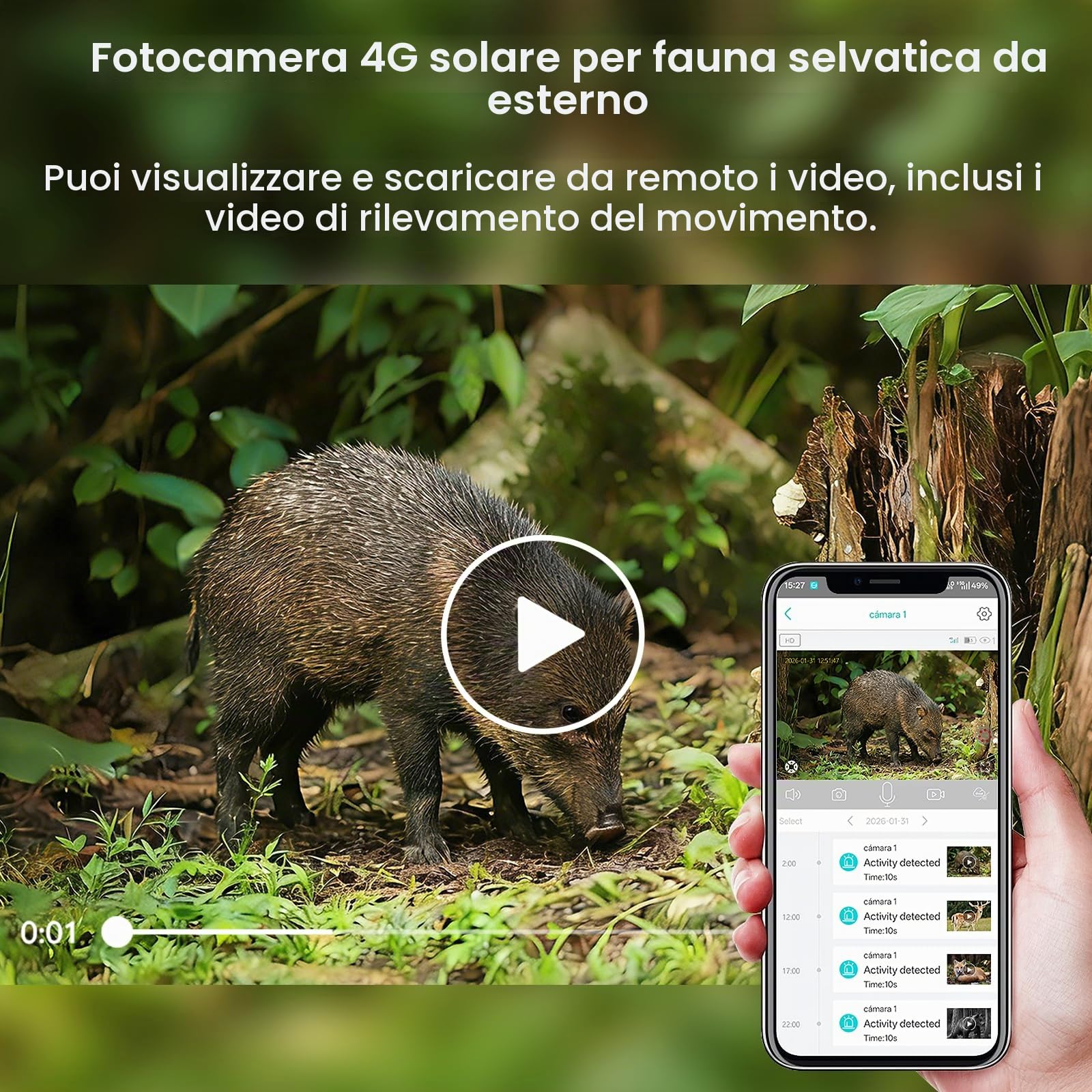4G Telecamera Esterno con SIM e Pannello Solare,2K Telecamere Batterie Senza Fili,2K 360 PTZ Telecamera Senza WiFi con Pannello Solare e Batterie, Visione Notturna, PIR Rilevamento