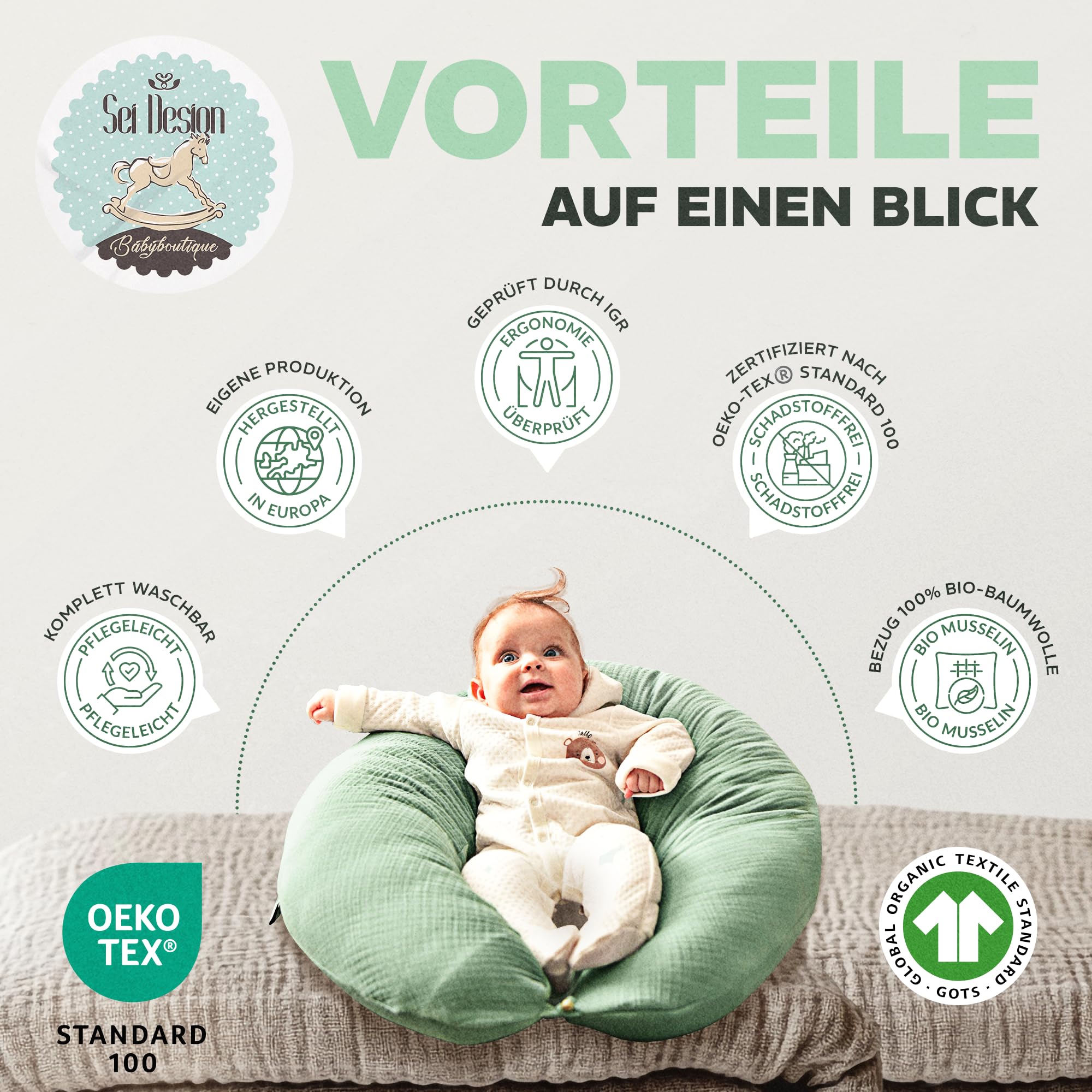 sei Design XXL Stillkissen + Set noch 1X Zusatz-Bezug Musselin ergonomisch Schwangerschaftskissen Seitenschläferkissen Komfortkissen Erwachsene