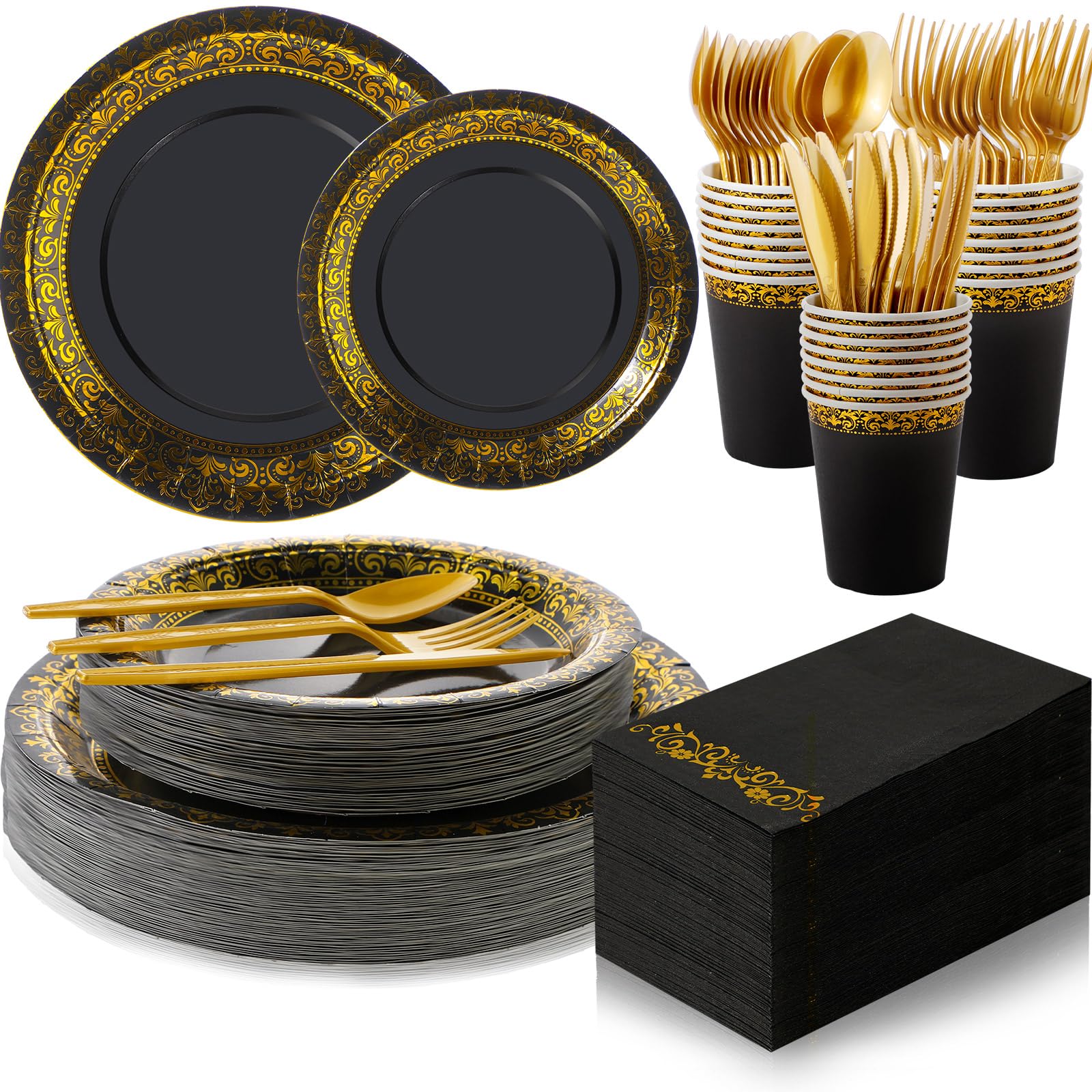 meekoo 350 Pcs Black Party Dinnerware Set Disposable Paper Plates for 50 Guests 9in and 7in Dinner Dessert Plates Napkins Gold Rim Plastic Cups Knives