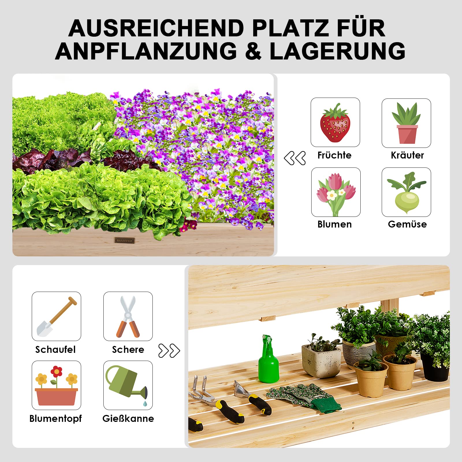 GOPLUS Hochbeet mit Rollen, Gartenbeet mit Ablage & Abflusslöcher, Pflanzbeet aus Tannenholz für Garten & Terrasse, Natur (mit Rollen, 120x59x84 cm)