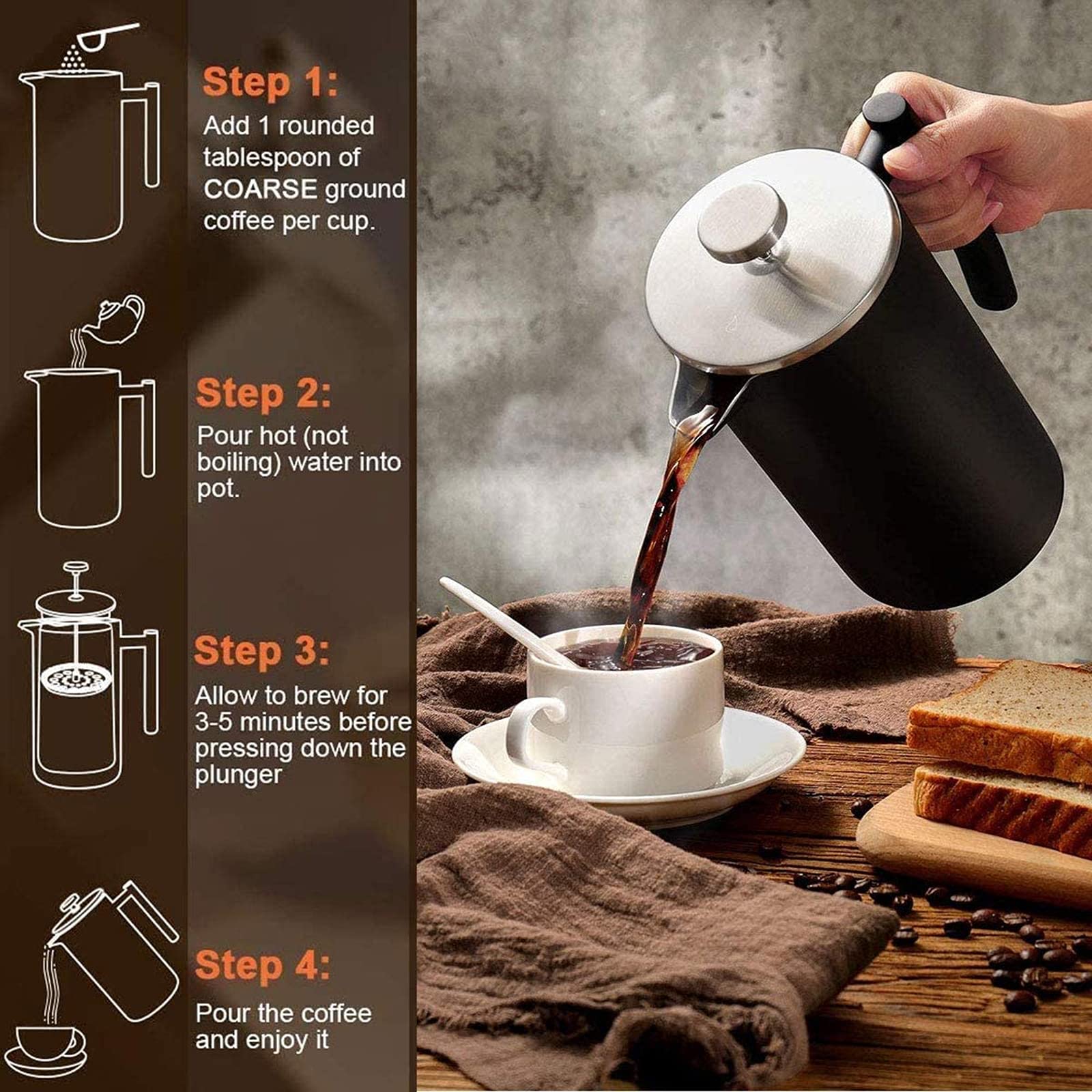 Cafetiere French Press ekspres do kawy, stal nierdzewna podwójna ścianka odporny na ciepło dzbanek do kawy na dobrą kawę w domu i biurze, 350 ml