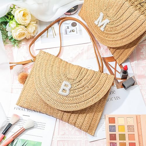 Miniatura 3 de Hosuly Bolsas con iniciales para mujer, bolsa de hombro de paja para playa, bolso de verano para regalo de cumpleaños, despedida de soltera