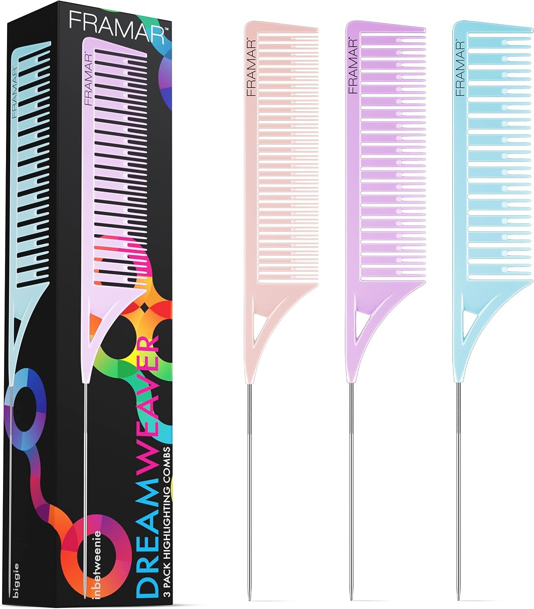 FRAMAR Dreamweaver Juego de peines para resaltar, peine para teñir el cabello, paquete de 3 colores pastel | Peine para resaltar profesional con punta de separación, peines para resaltar, peines para resaltar
