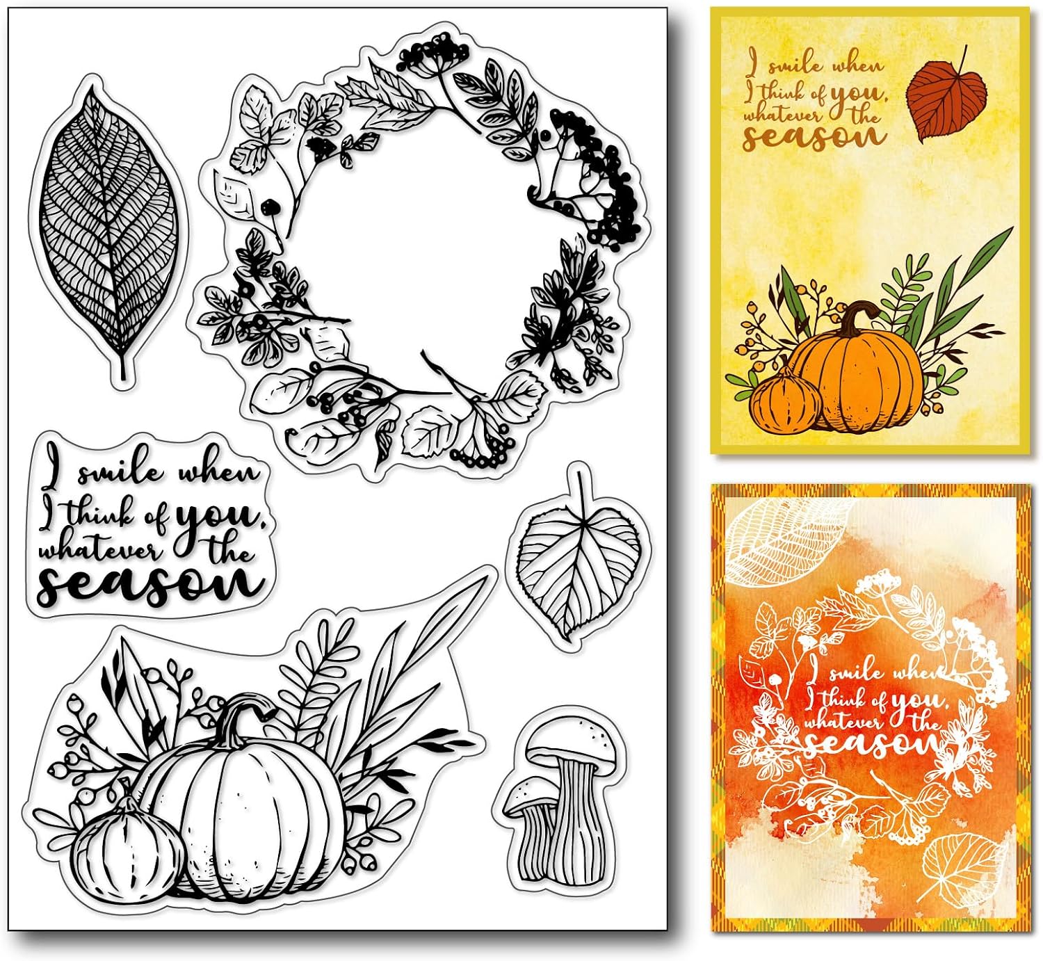 Autumn Leaves Wreath Clear Rubber Stamps Pumpkin Mushroom Reusable Silicone Transparent Seals Stamps for Card Making DIY Scrapbooking Journaling Photo Album Decoration