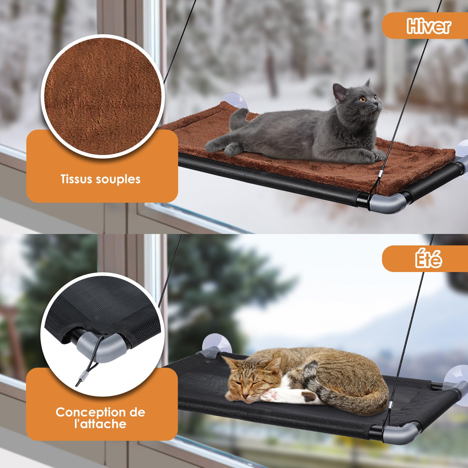 Zvonema Hamac Chat Fenetre jusqu'à 10kg, Hamac pour Chat avec Ventouse Puissante, Couverture Marron & Cadre en Acier Inoxydable, Facile à Installer Supporte,67 x 38 cm