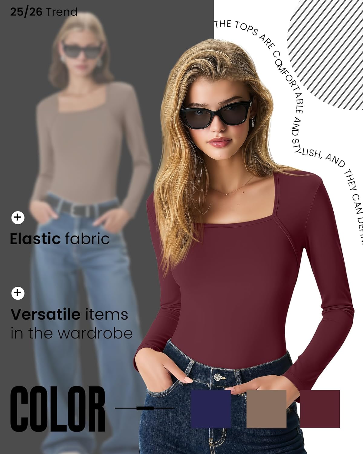 3 Pack Women's Square Neck Long Sleeve Tops, Double Lined Slim Fit Shirts Basic Trendy Going Out T Shirts - Image 4