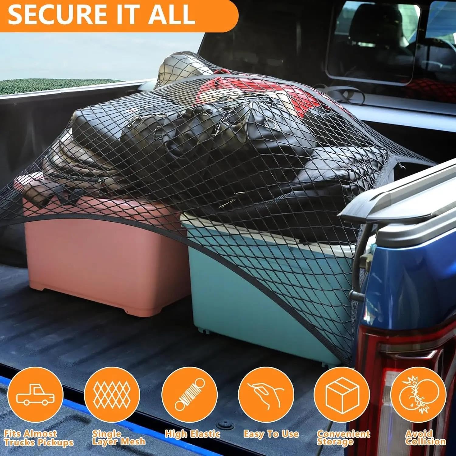 Redes de almacenaje para Coche Red De Carga Elástica De 120 X 120 Cm Organizador De Malla para Caja Camioneta Ideal para Camionetas Ligeras Uso Diario Red Elástica Maletero(Doble Capa)
