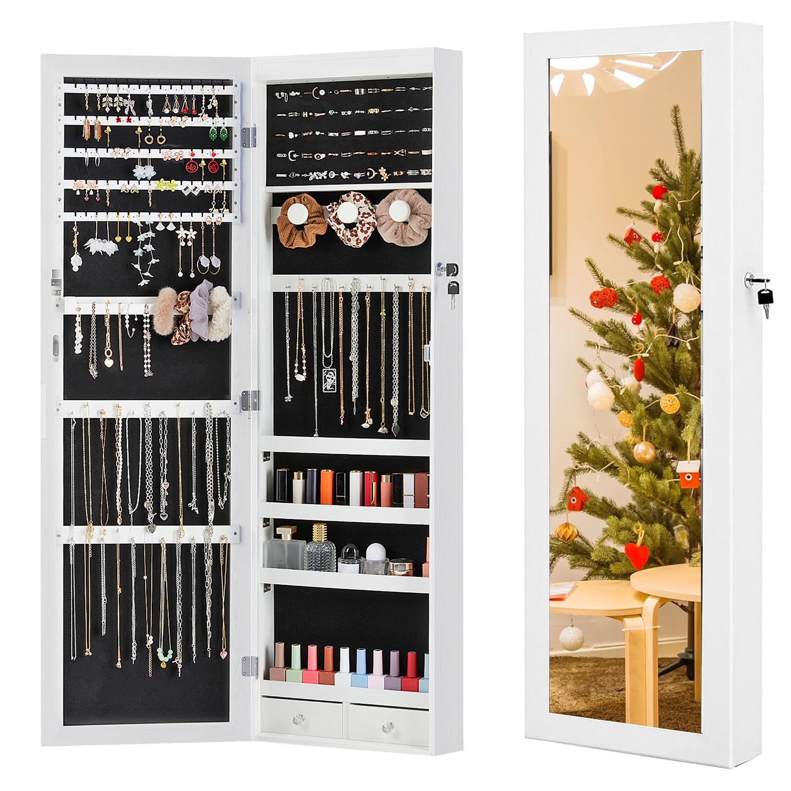6 LEDs Mirror Jewelry Cabinet, Lockable Wall/Door Mounted Jewelry Armoire Organizer with Full Length Mirror,Mirror with Jewelry Storage, 2 Drawers