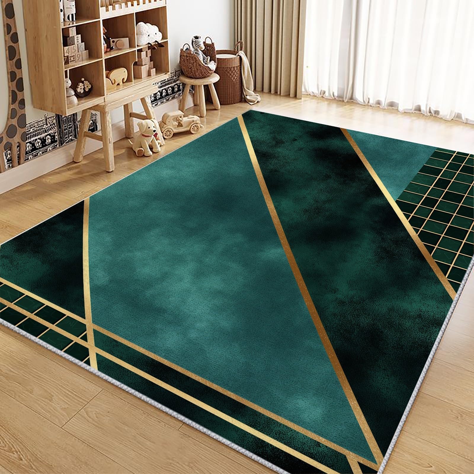 Teppich Grüne Geometrie 120x180 cm Wohnzimmer Teppich Schlafzimmer Teppich Modern Waschbarer Kurzflor Teppiche rutschfest Flauschig Weiche Teppiche