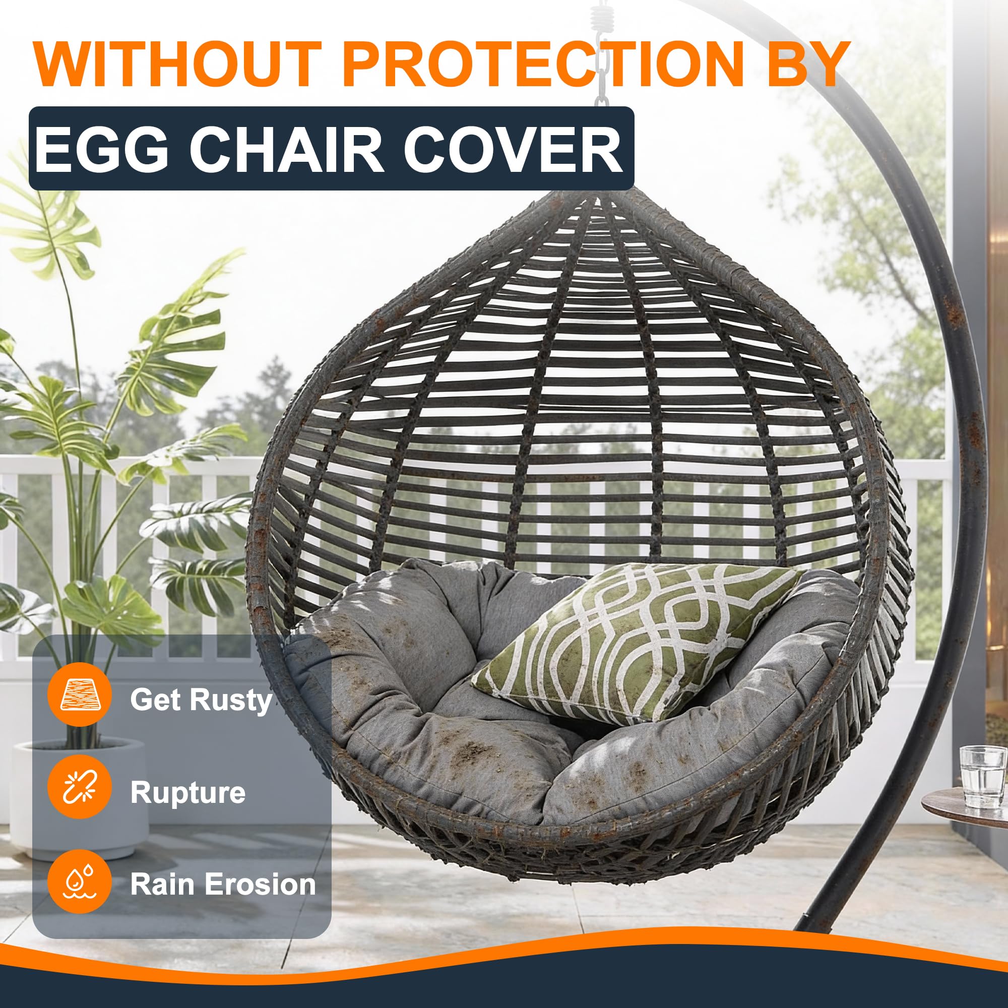 Upgraded Egg Chair Cover - Waterproof, Windproof, Heavy Duty Large Patio Hanging Swing Seat Cover With Zipper, 190x115cm, Black — view 5
