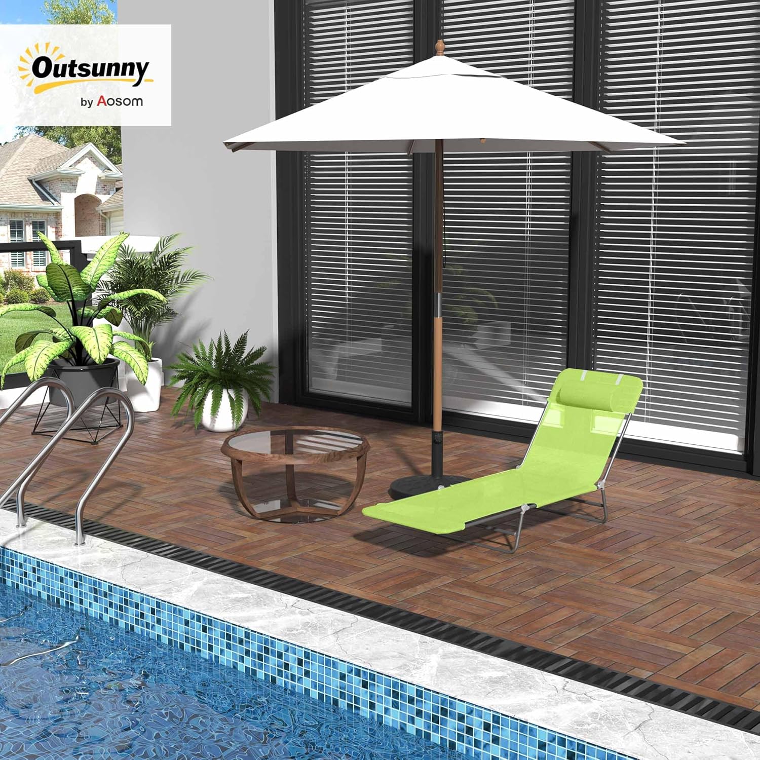 Outsunny Folding Chaise Lounge Pool Chairs, Outdoor Sun Tanning Chairs with Pillow, Reclining Back, Steel Frame & Breathable Mesh for Beach, Yard, Patio, Green