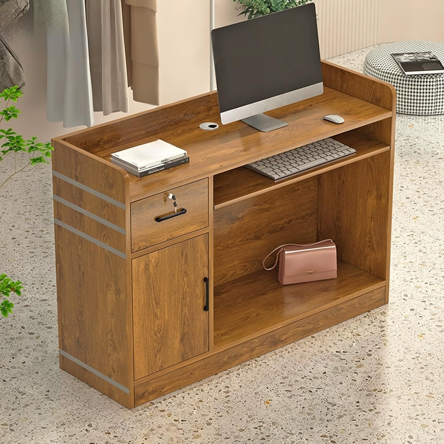 Small Reception Desk, Front Counter Desk with Lockable Drawer, Modern Retail Counter for Checkout, Wooden Reception Table, Reception Counter for Convenience Store Clothing Store(Brown,60cm/23.6