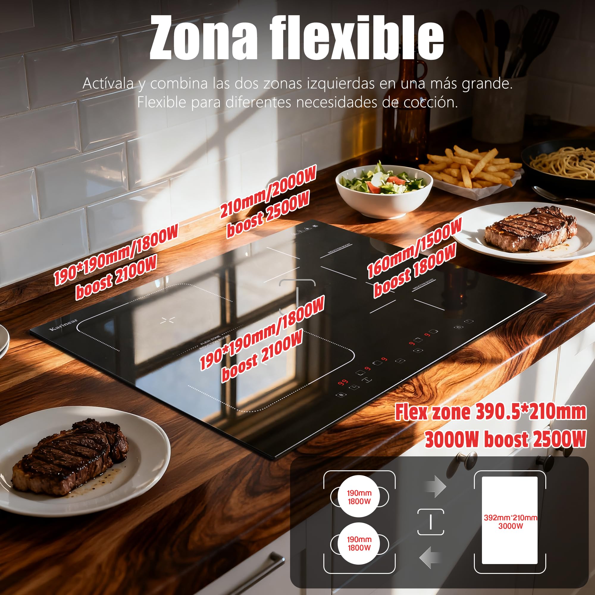 Placa Inducción 4 Fuegos con Zona Flexible, Empotrable 60CM, 7200W Karinear | sin Enchufe, Función «Boost», temporizador, bloqueo de seguridad para niños