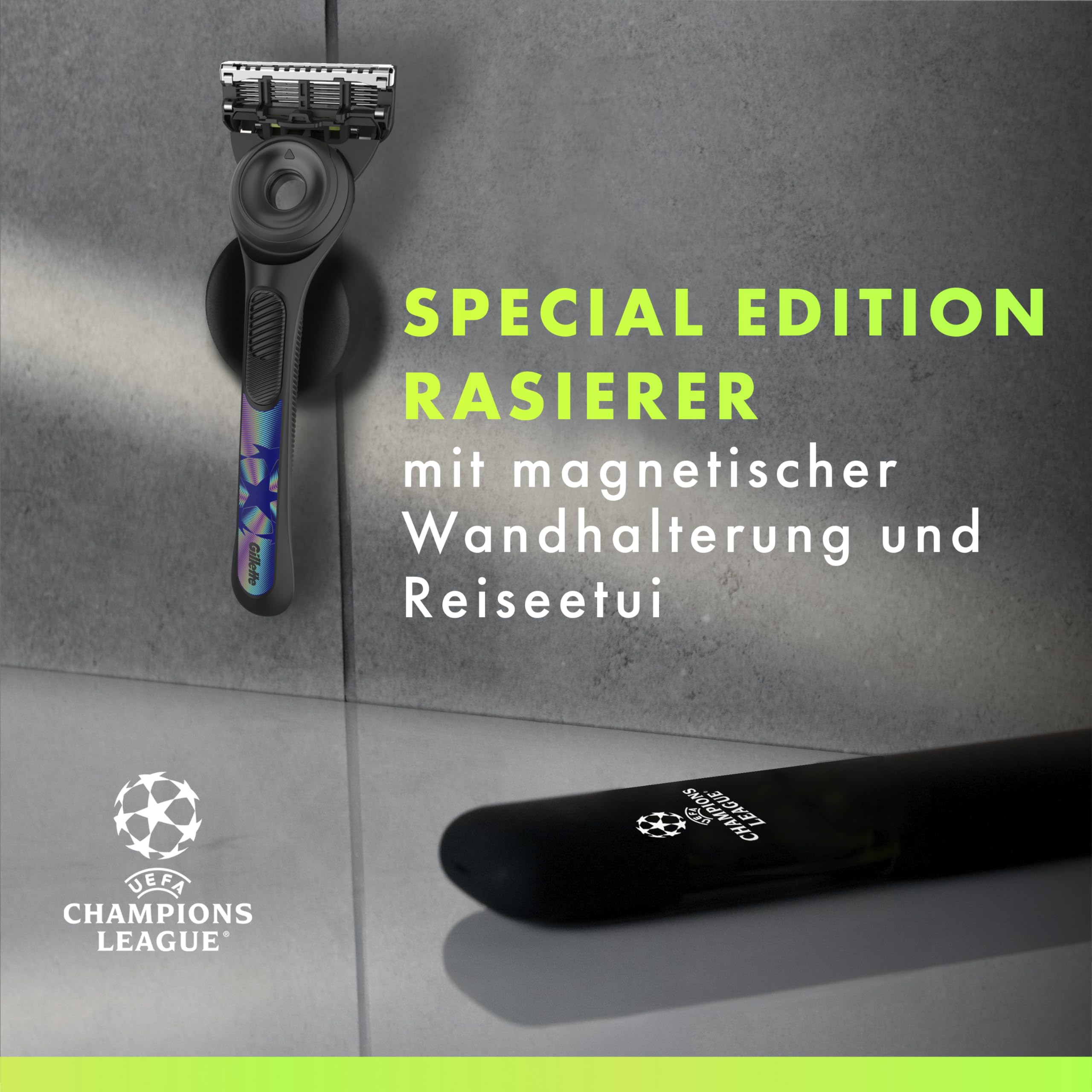 GilletteLabs Rasierer Herren, Nassrasierer, Metall, Schwarz | UEFA Champions League Special Edition, Inkl. 1 Handstück, 5 Rasierklingen, 1 Wandhalterung Und Reiseetui