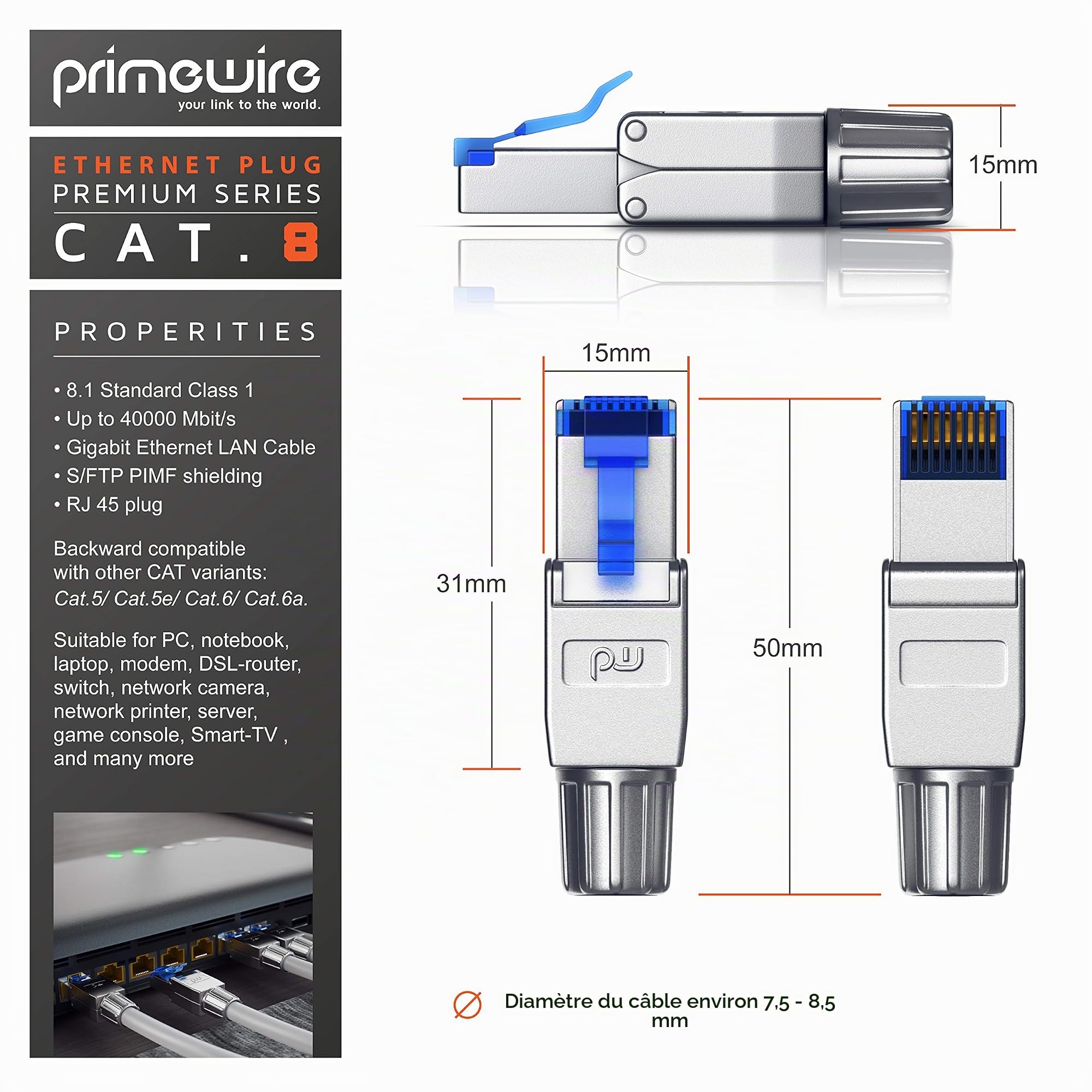 Primewire - 10x connecteurs de sertissage sans Outils RJ45 Cat 6 Cat 7 Cat 8 - connecteur modulaire rj45 - fiche rj45 sans Outil - blindé en Zinc - LAN 40 GBit/s 20000 MHz - TIA-568A, B - 23, 26 AWG