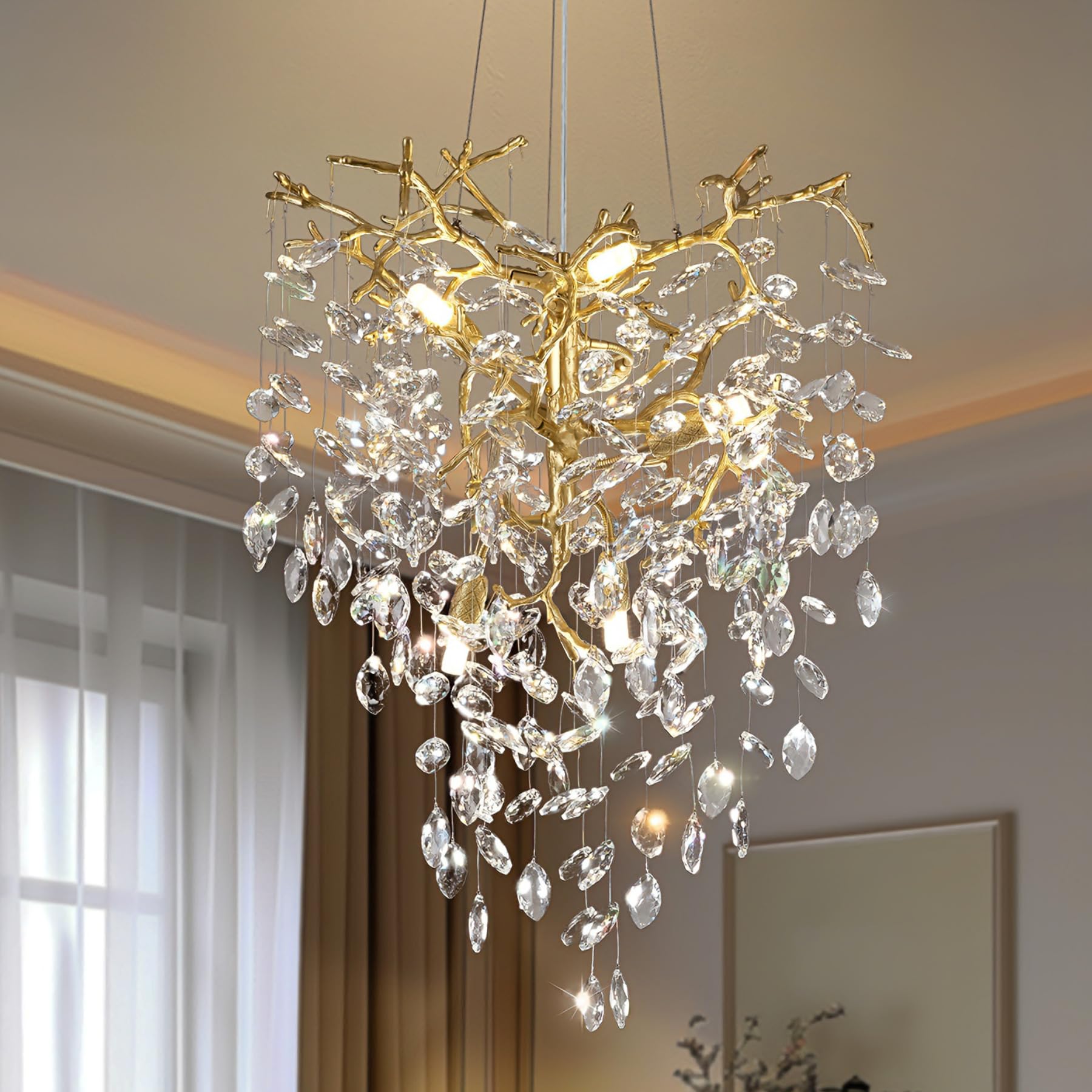 HJCKJSMEOU 32 inch Crystal Chandelier for Dining Room, Round Gold Tree Branches Chandeliers, Top K9 Modern Kitchen,Foyer Entryway,Luxury Adjustable Hanging Chandeliers