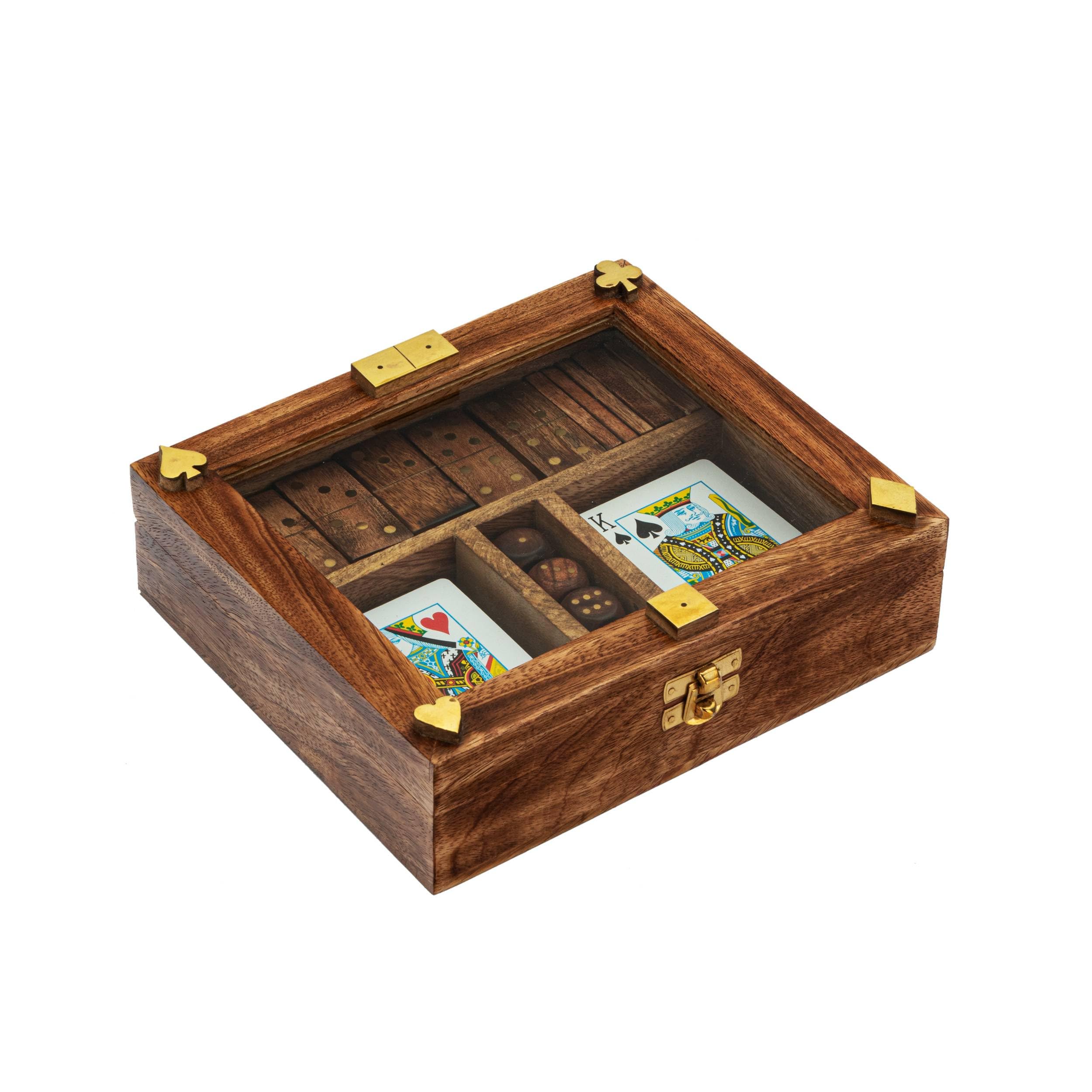 NKlaus Caja de Dominó de madera de mango, cristal y latón, 20 x 17,5 x 6 cm, versátil, estilo náutico 15935