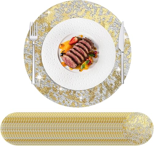 Miniatura 14 de Hysenm Juego de 50 manteles individuales desechables dorados metálicos redondos de 13 pulgadas de malla de papel de aluminio prensado, tapetes de