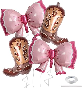4Pcs Western Cowgirl Balloons, Pink Bows and Brown Cowboy Boot Foil Balloons for Boots or Bows Gender Reveal, Cowgirl Birthday Party Decorations, Baby Shower Supplies