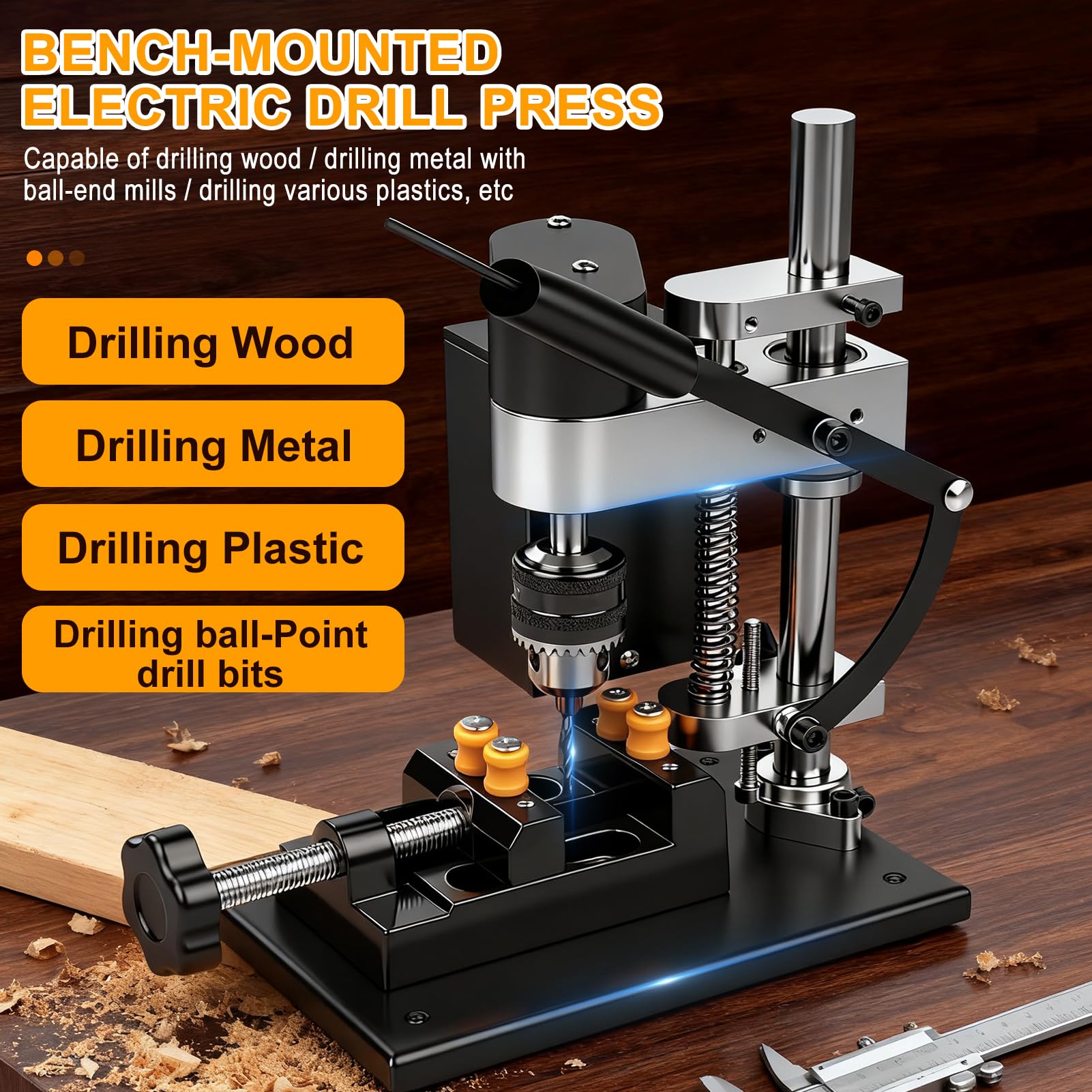 VOBOR Mini Taladro de Columna con Eje Flexible, 7 Velocidades, Ajuste de Altura de 50 mm, Para Metal Madera Acrílico Aluminio
